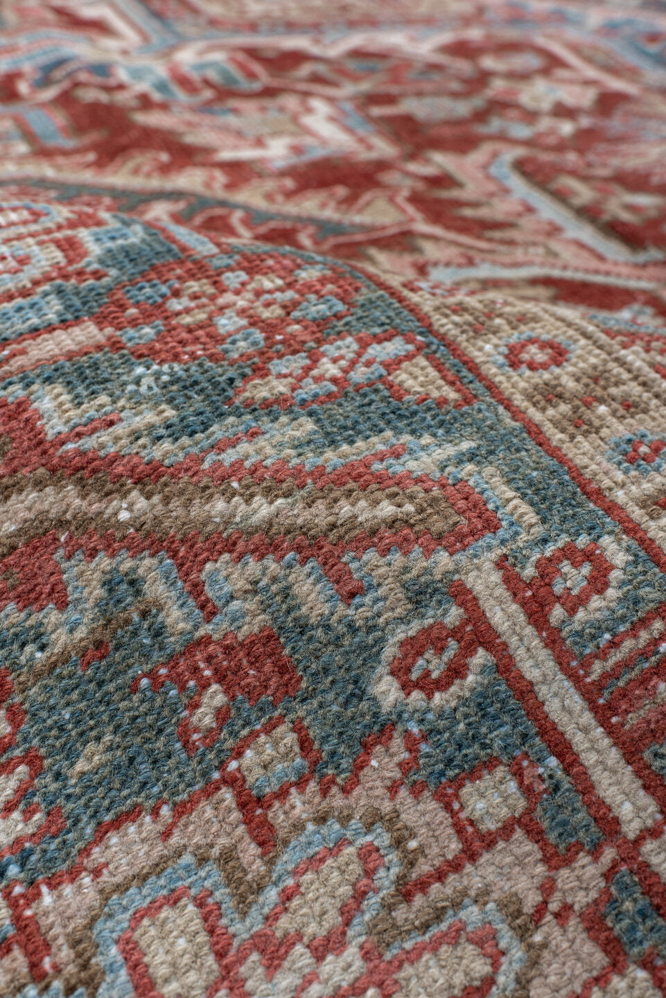8' x 12' one-of-a-kind handmade vintage Heriz large size rug. Color palette: blue, brown, gray, light gray, off-white, pink
