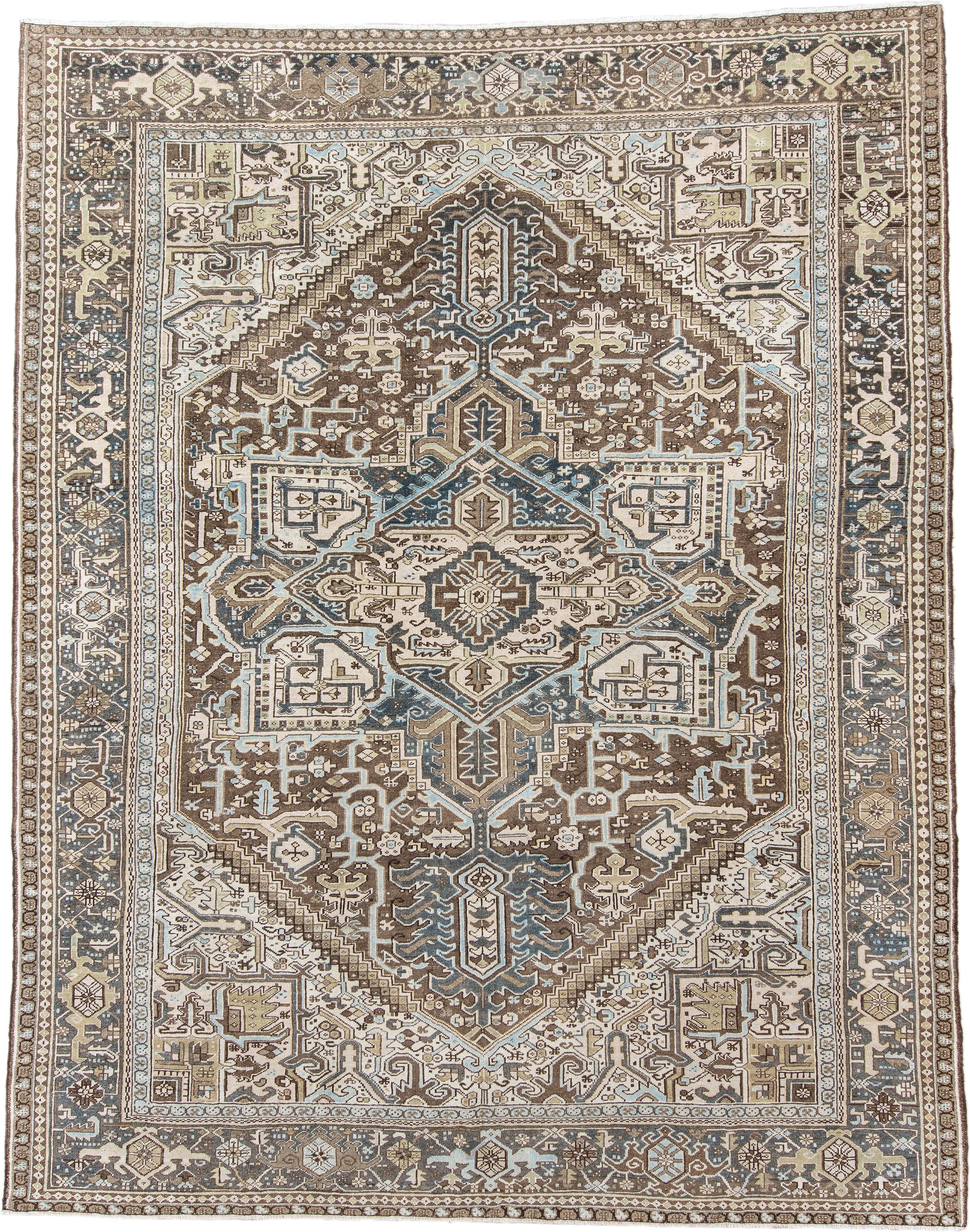 9' x 11' one-of-a-kind handmade antique Karaje large size rug. Color palette: ivory, brown, slate, taupe, camel, charcoal