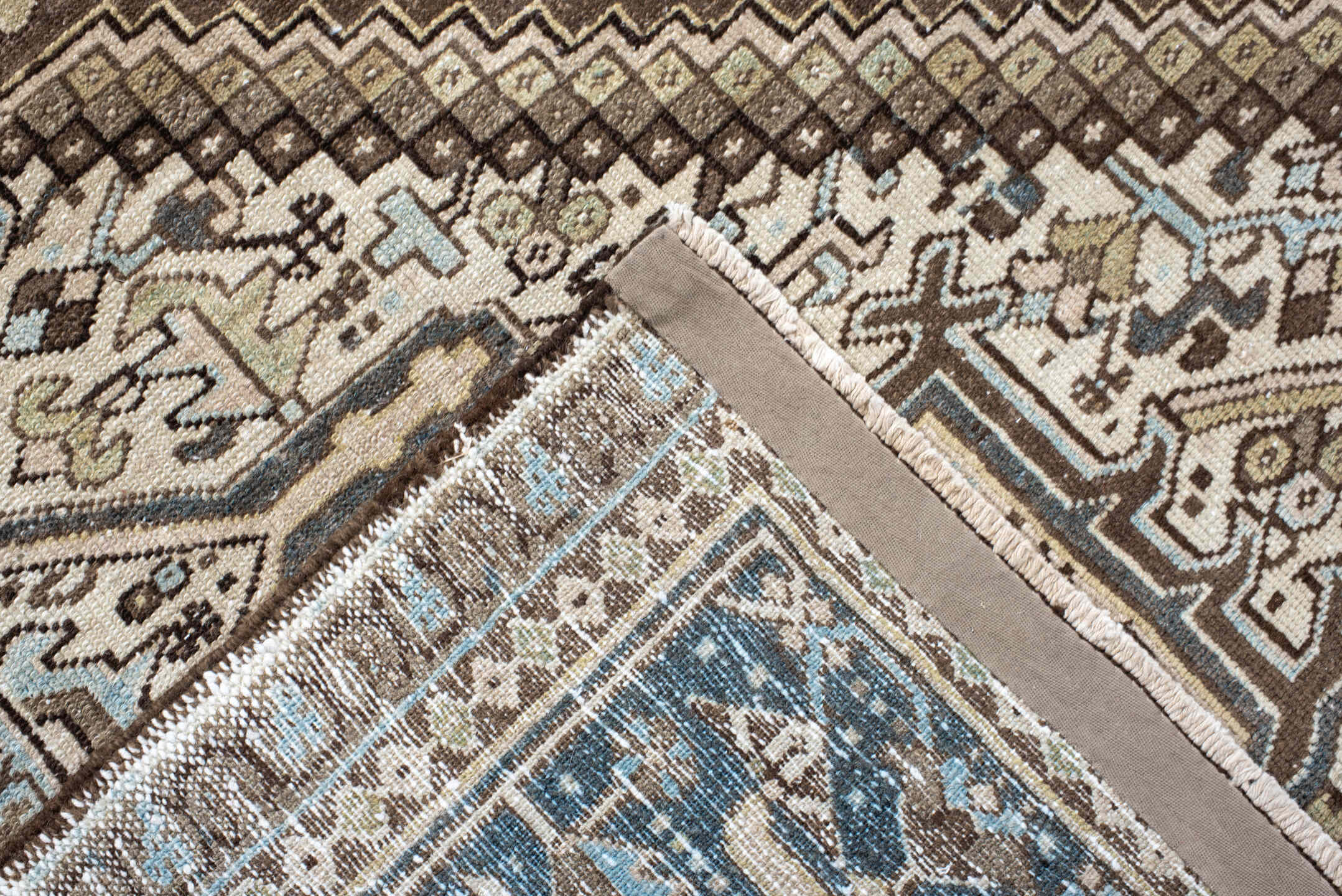 9' x 11' one-of-a-kind handmade antique Karaje large size rug. Color palette: ivory, brown, slate, taupe, camel, charcoal