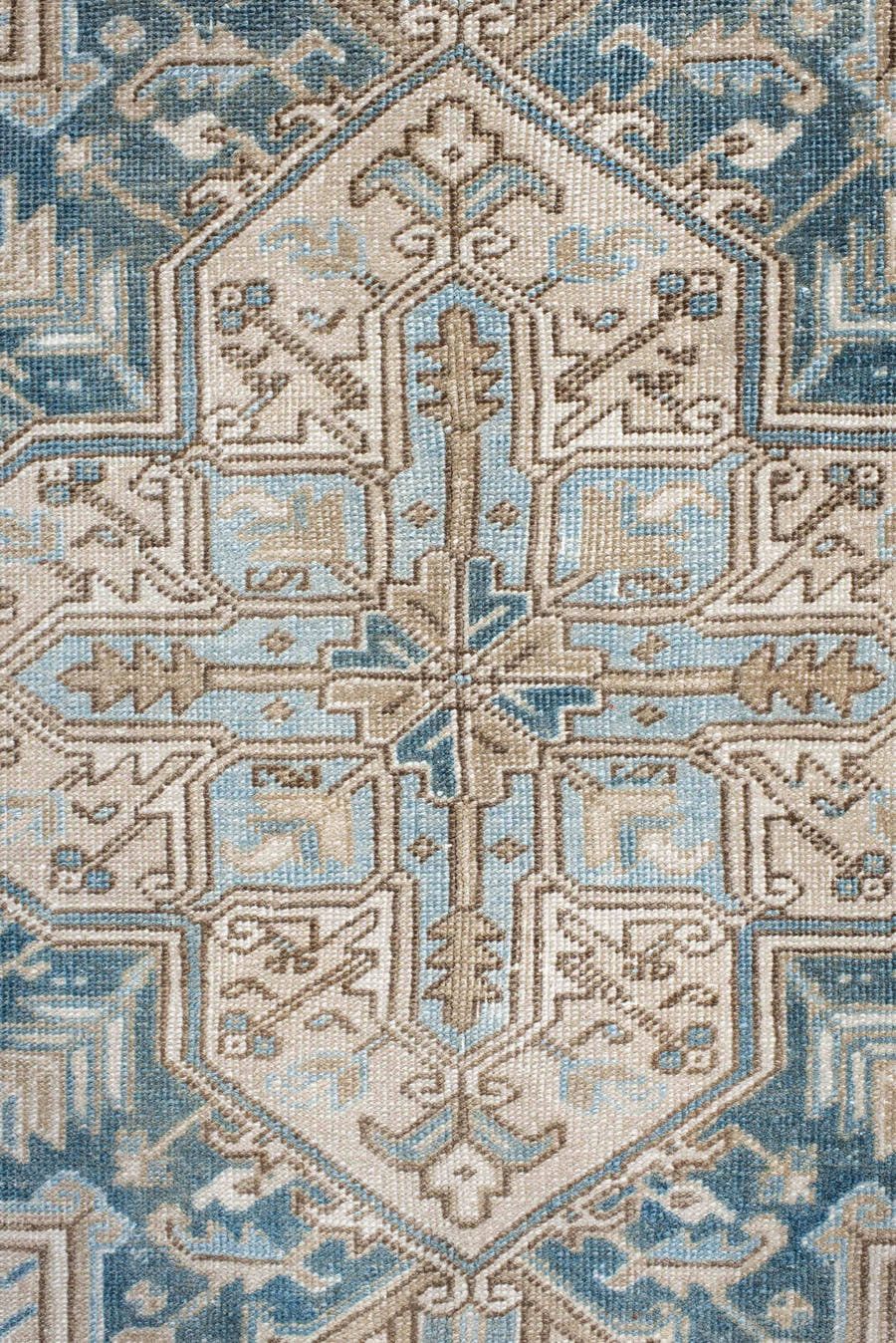 8' x 10' one-of-a-kind handmade antique Heriz large size rug. Color palette: ivory, sky blue, camel, taupe, light blue
