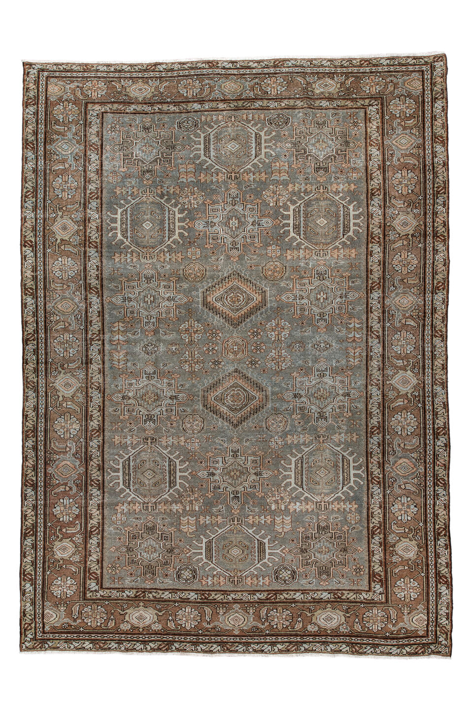 7' x 10' one-of-a-kind handmade vintage Karaje large size rug. Color palette: taupe, brown, ivory, camel, slate, rust, beige
