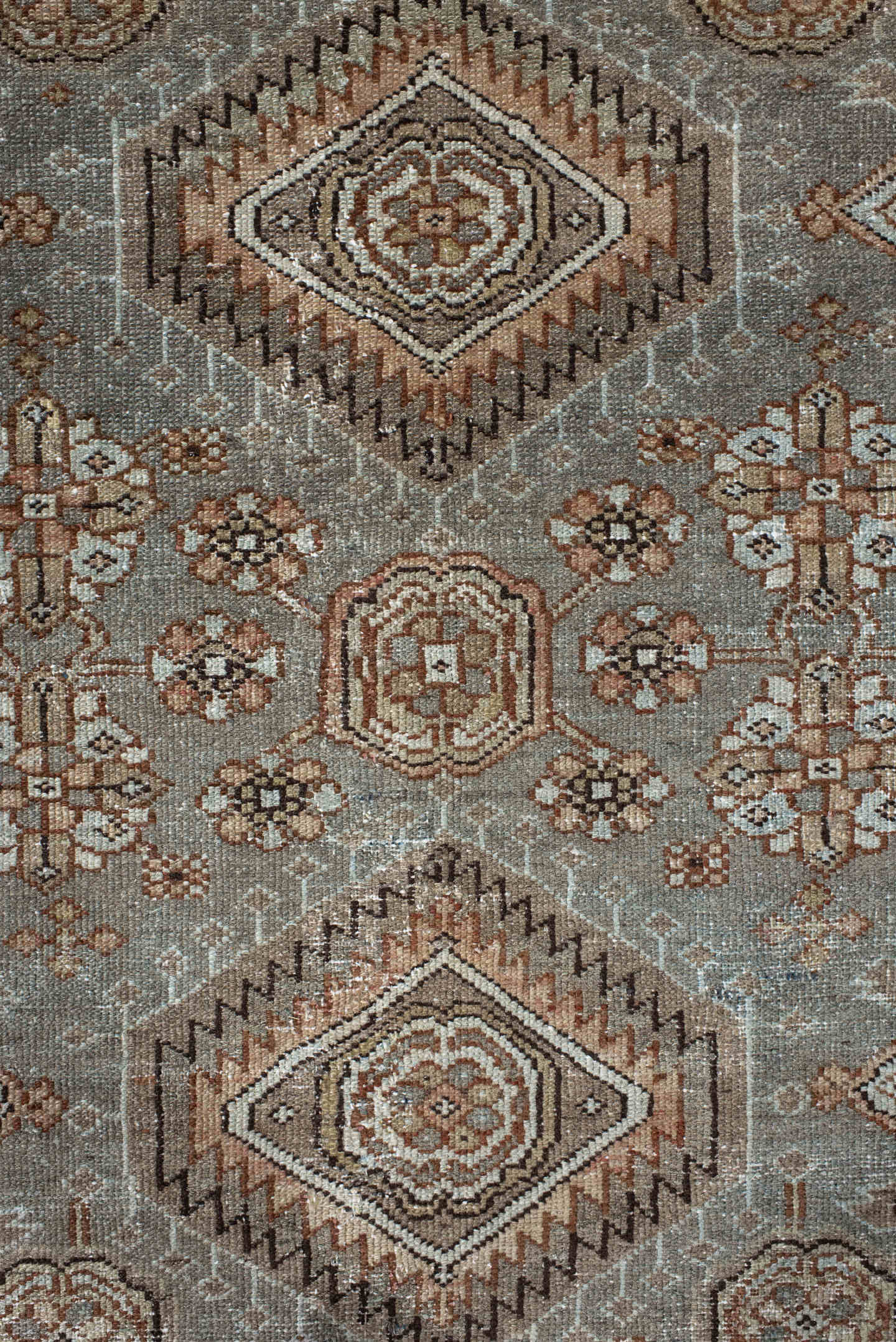 7' x 10' one-of-a-kind handmade vintage Karaje large size rug. Color palette: taupe, brown, ivory, camel, slate, rust, beige