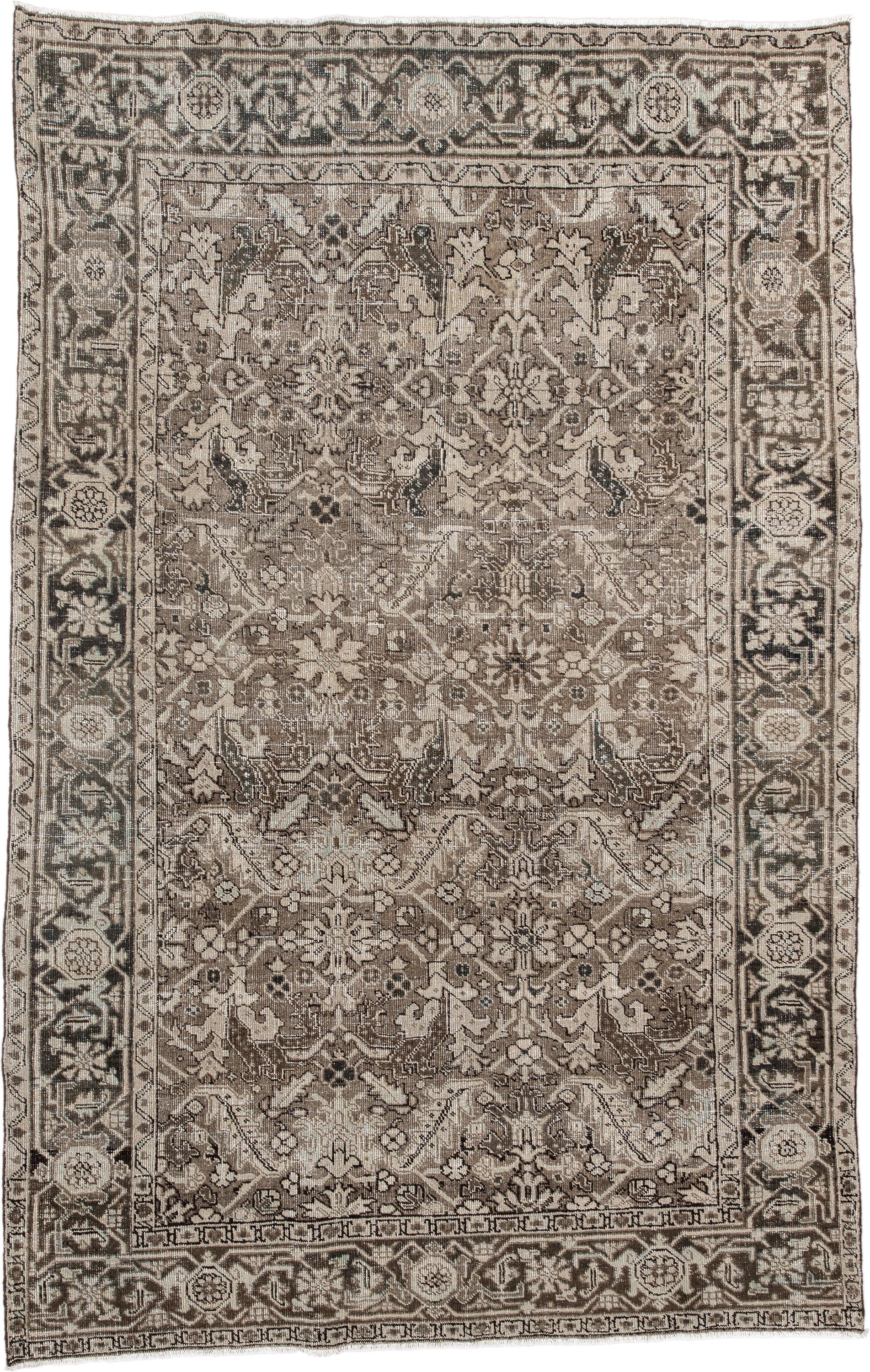 6' x 10' one-of-a-kind handmade vintage large size rug. Color palette: taupe, ivory, charcoal, brown, beige, gray, black