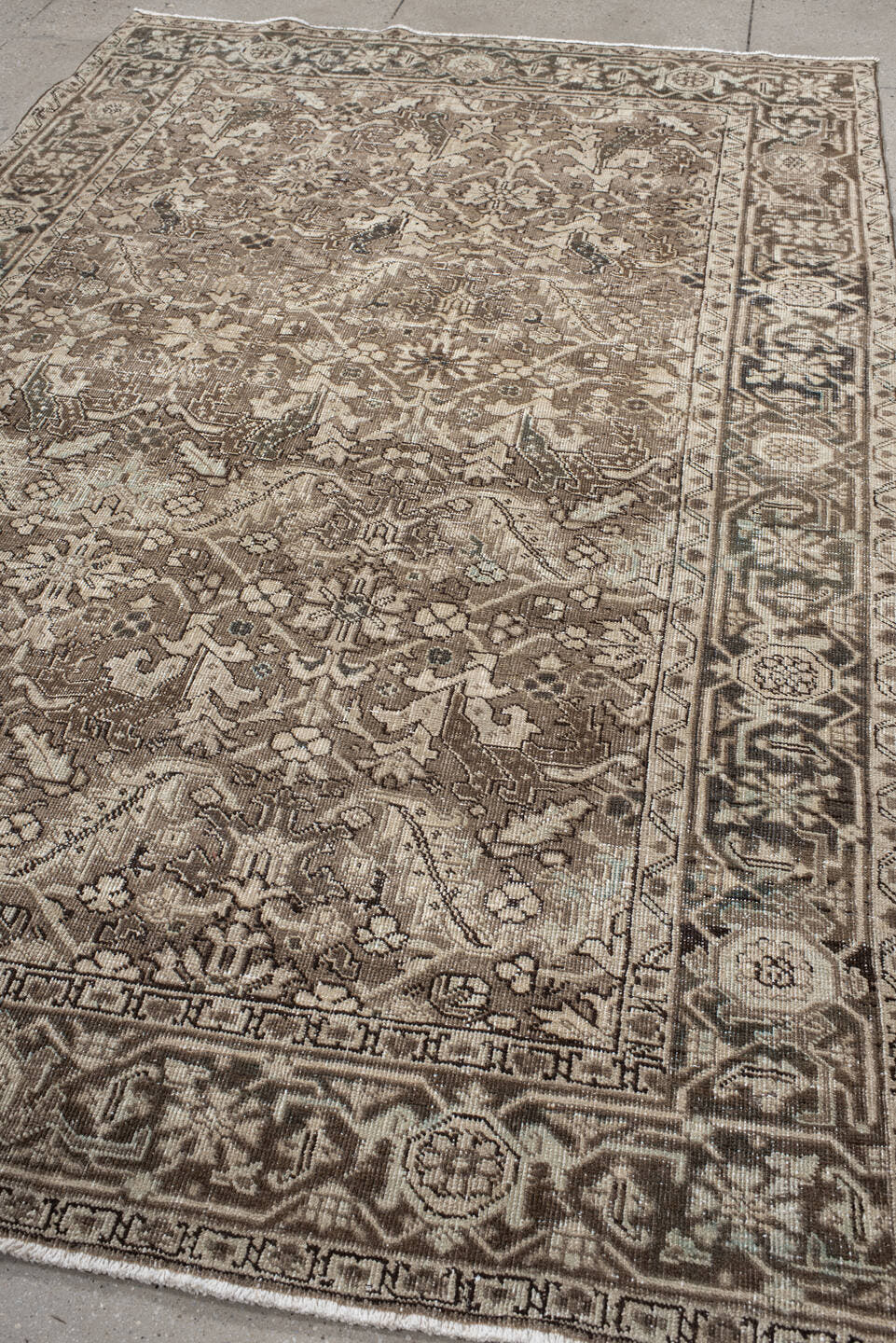 6' x 10' one-of-a-kind handmade vintage large size rug. Color palette: taupe, ivory, charcoal, brown, beige, gray, black