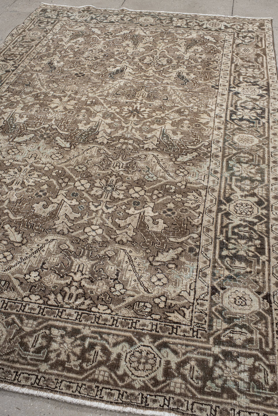 6' x 10' one-of-a-kind handmade vintage large size rug. Color palette: taupe, ivory, charcoal, brown, beige, gray, black
