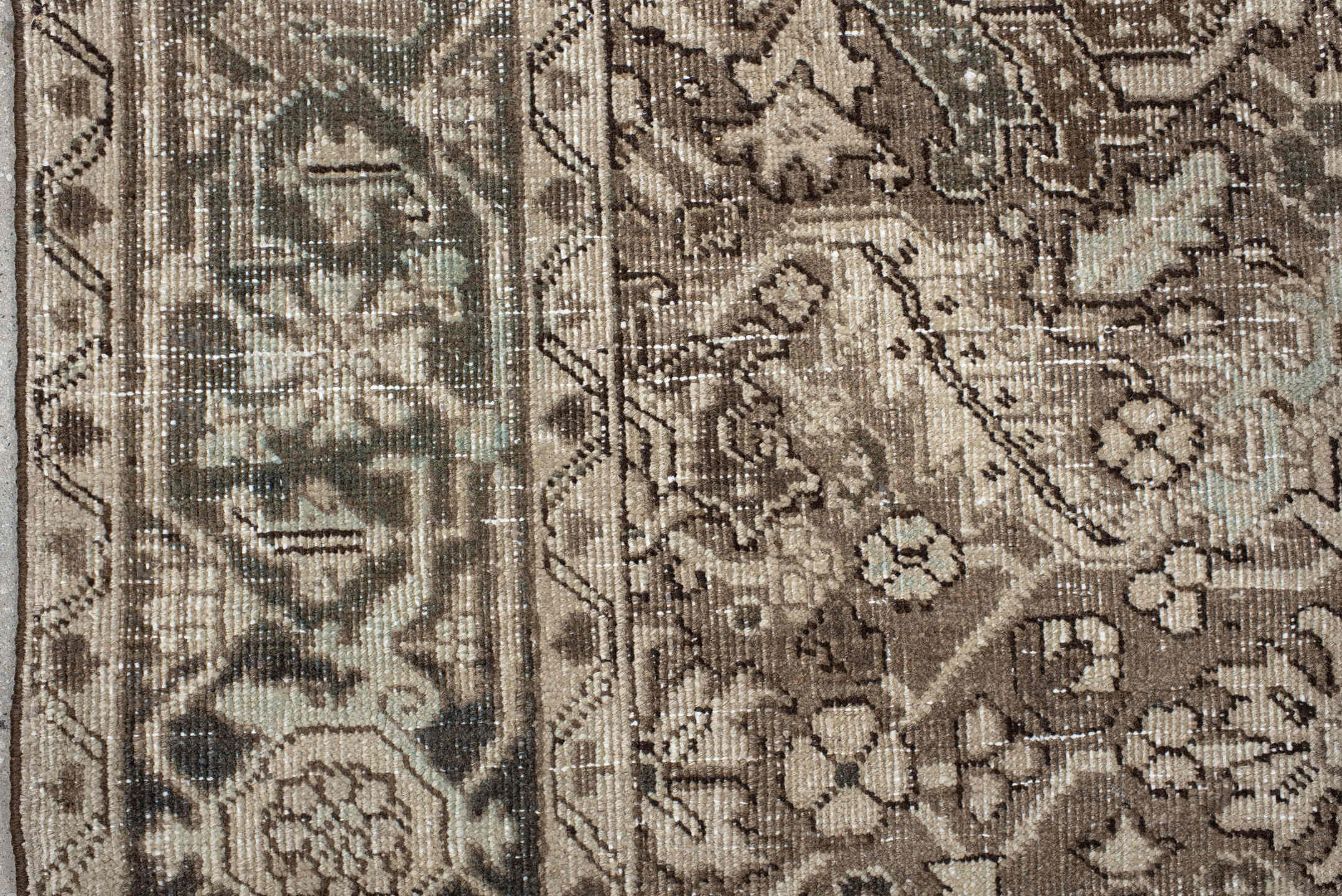 6' x 10' one-of-a-kind handmade vintage large size rug. Color palette: taupe, ivory, charcoal, brown, beige, gray, black