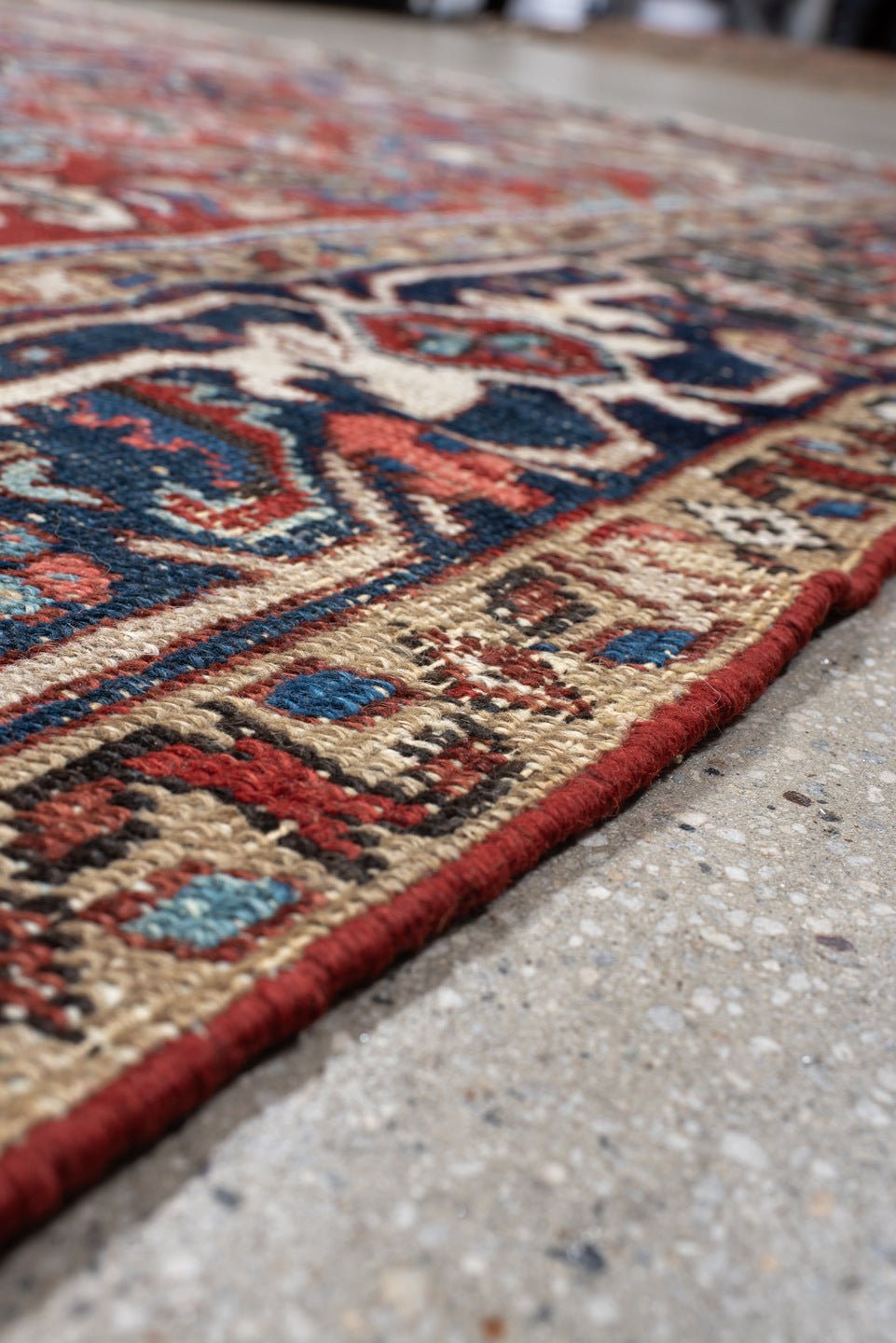6' x 9' one-of-a-kind handmade vintage Heriz medium size rug. Color palette: antiquewhite, blue, brown, dark gray, gray