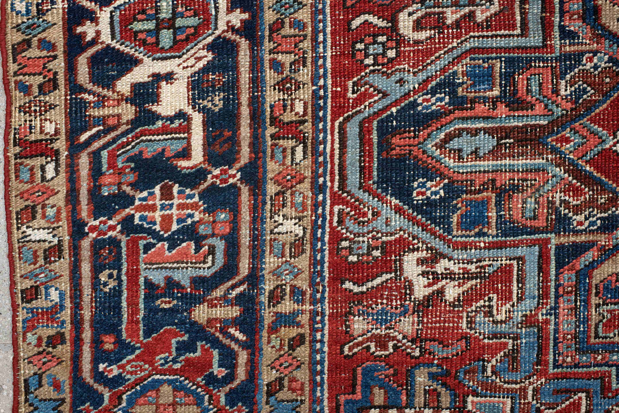 6' x 9' one-of-a-kind handmade vintage Heriz medium size rug. Color palette: antiquewhite, blue, brown, dark gray, gray