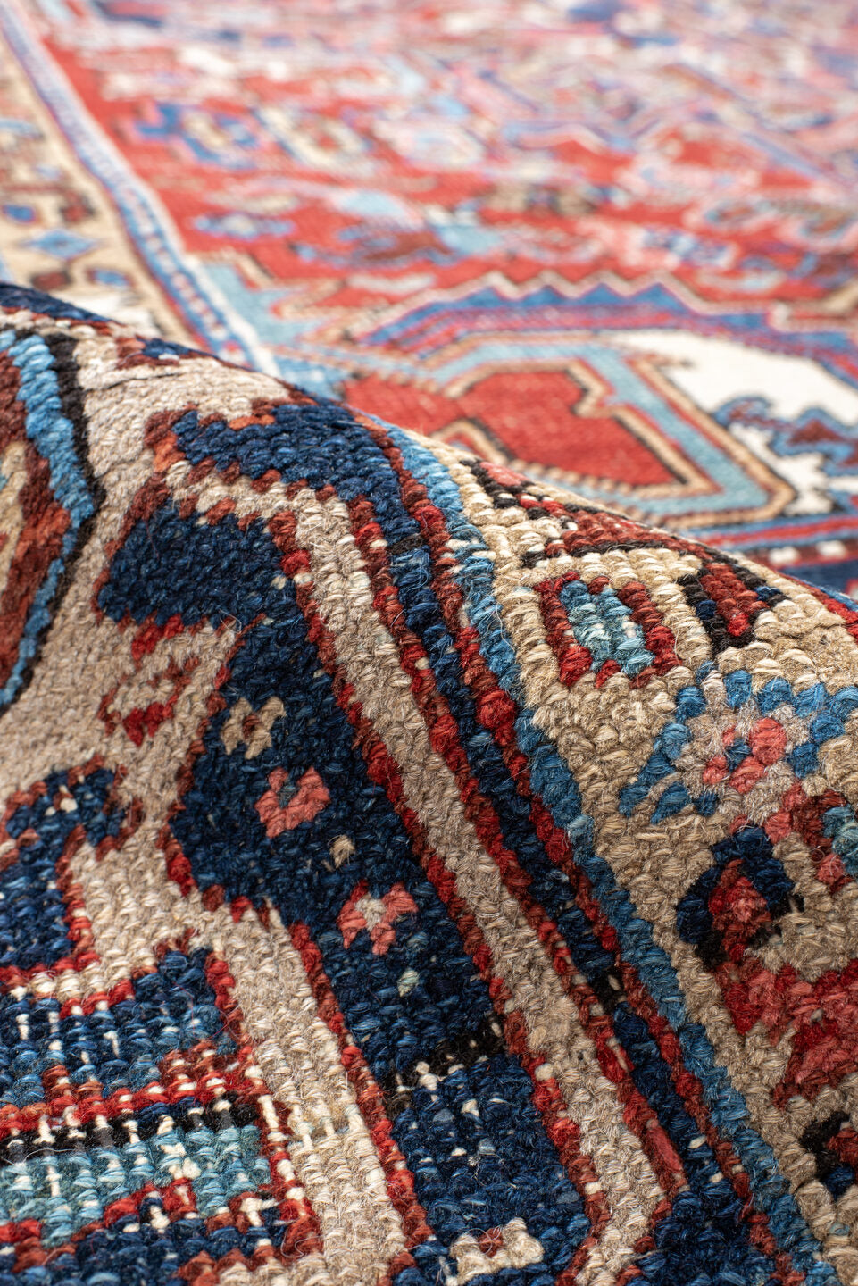 6' x 9' one-of-a-kind handmade vintage Heriz medium size rug. Color palette: antiquewhite, blue, brown, dark gray, gray