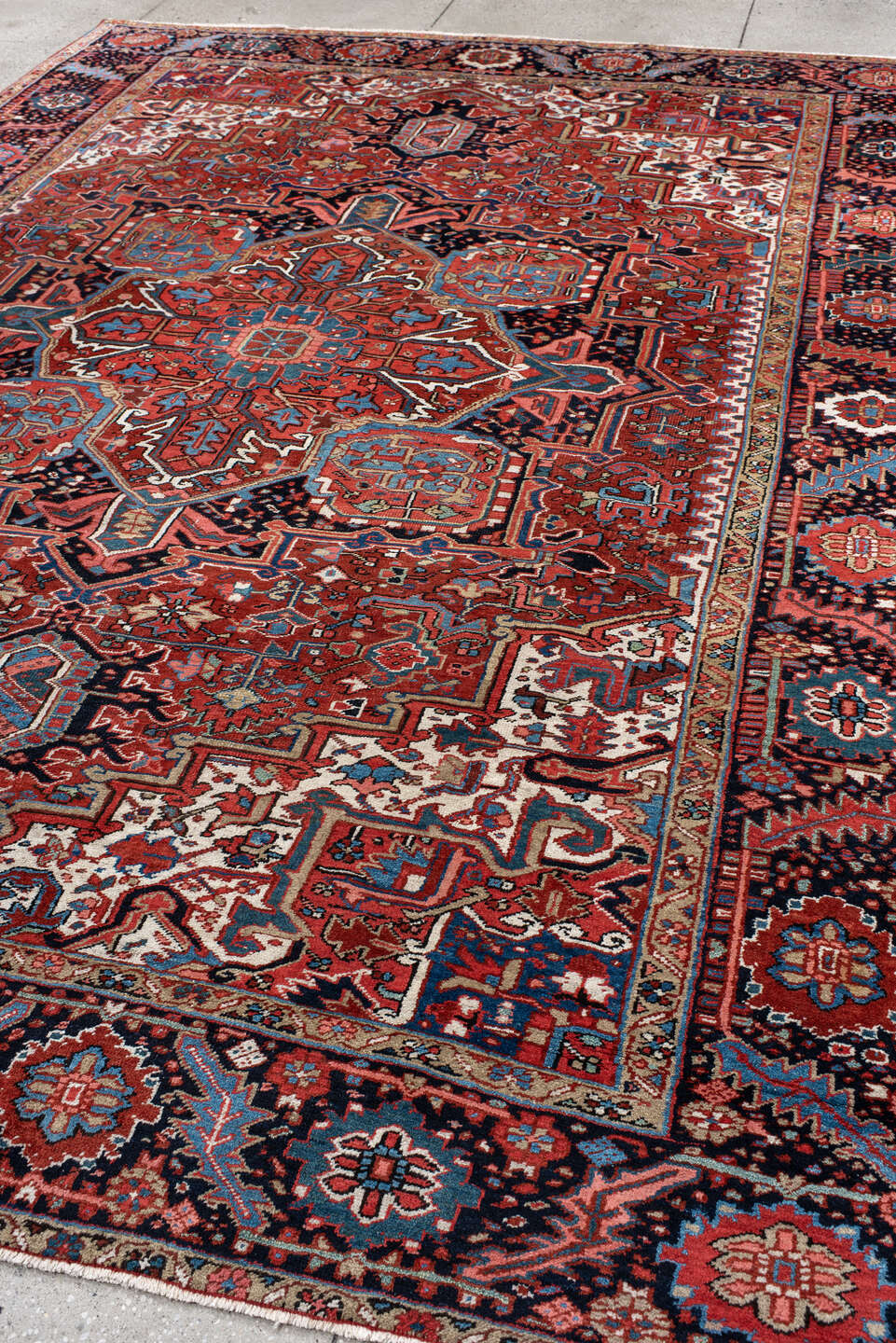 8' x 11' one-of-a-kind handmade vintage Heriz large size rug. Color palette: blue, brown, gainsboro, gray, green, indian red