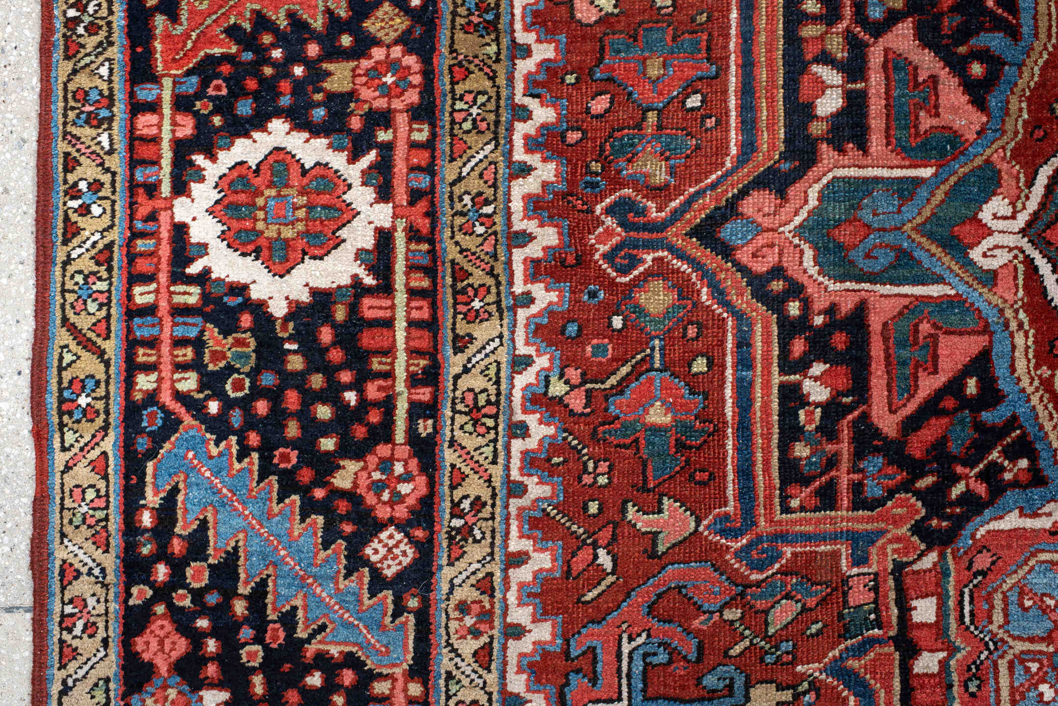 8' x 11' one-of-a-kind handmade vintage Heriz large size rug. Color palette: blue, brown, gainsboro, gray, green, indian red