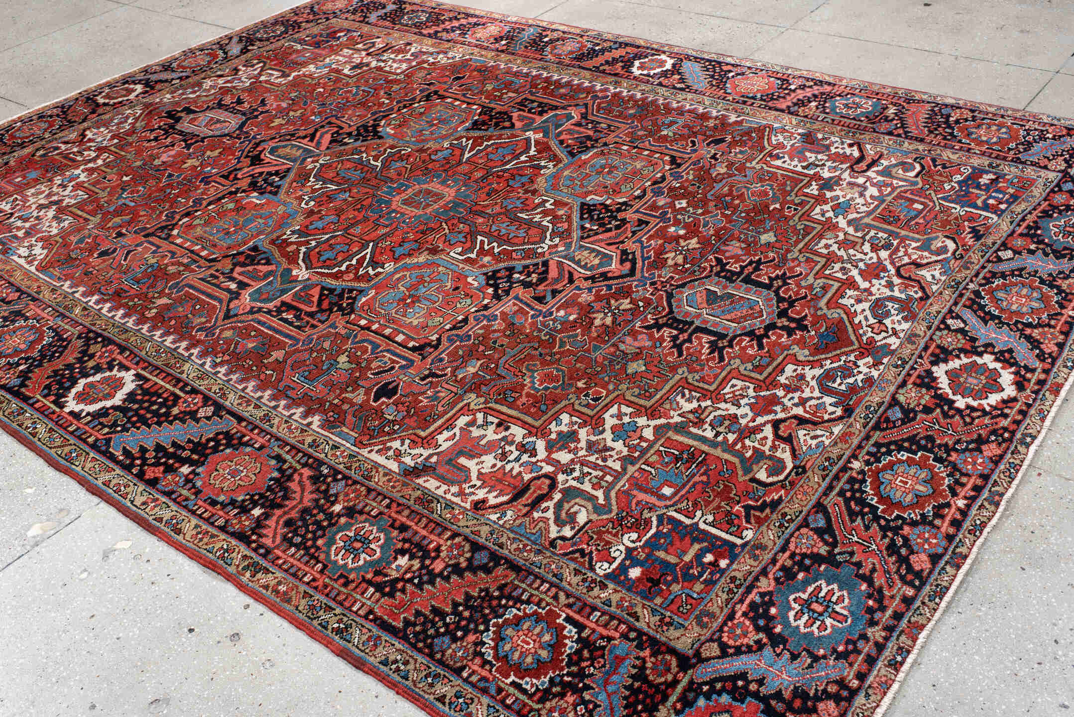 8' x 11' one-of-a-kind handmade vintage Heriz large size rug. Color palette: blue, brown, gainsboro, gray, green, indian red