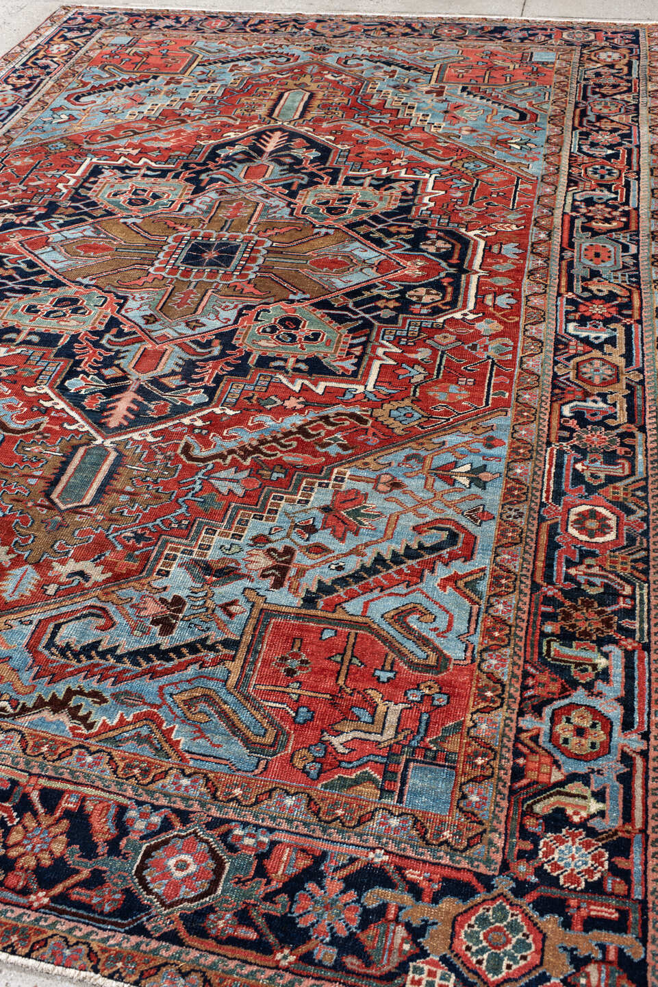 7' x 10' one-of-a-kind handmade vintage Heriz large size rug. Color palette: blue, brown, dim gray, gray, light blue