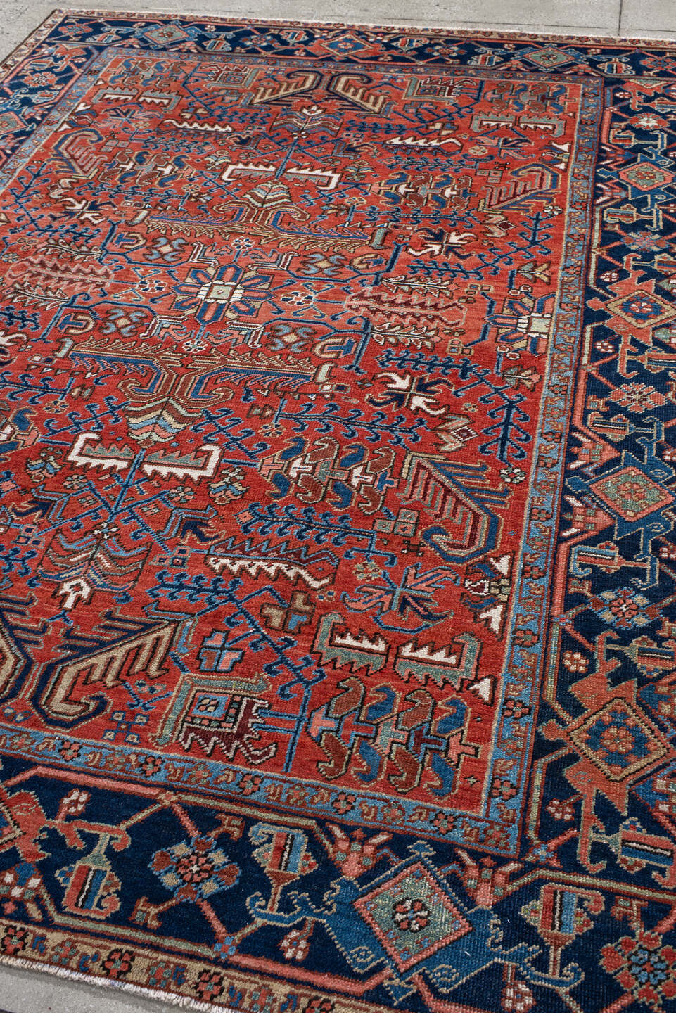 6' x 9' one-of-a-kind handmade vintage Heriz medium size rug. Color palette: arapawa, blue, brown, gainsboro, gray