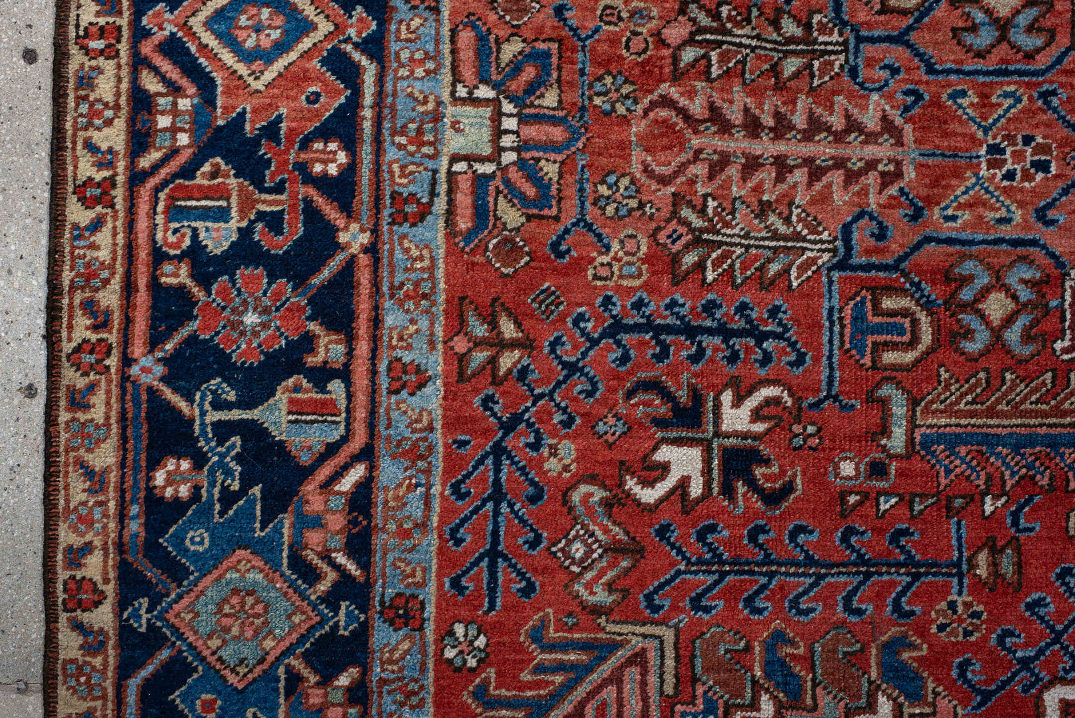 6' x 9' one-of-a-kind handmade vintage Heriz medium size rug. Color palette: arapawa, blue, brown, gainsboro, gray