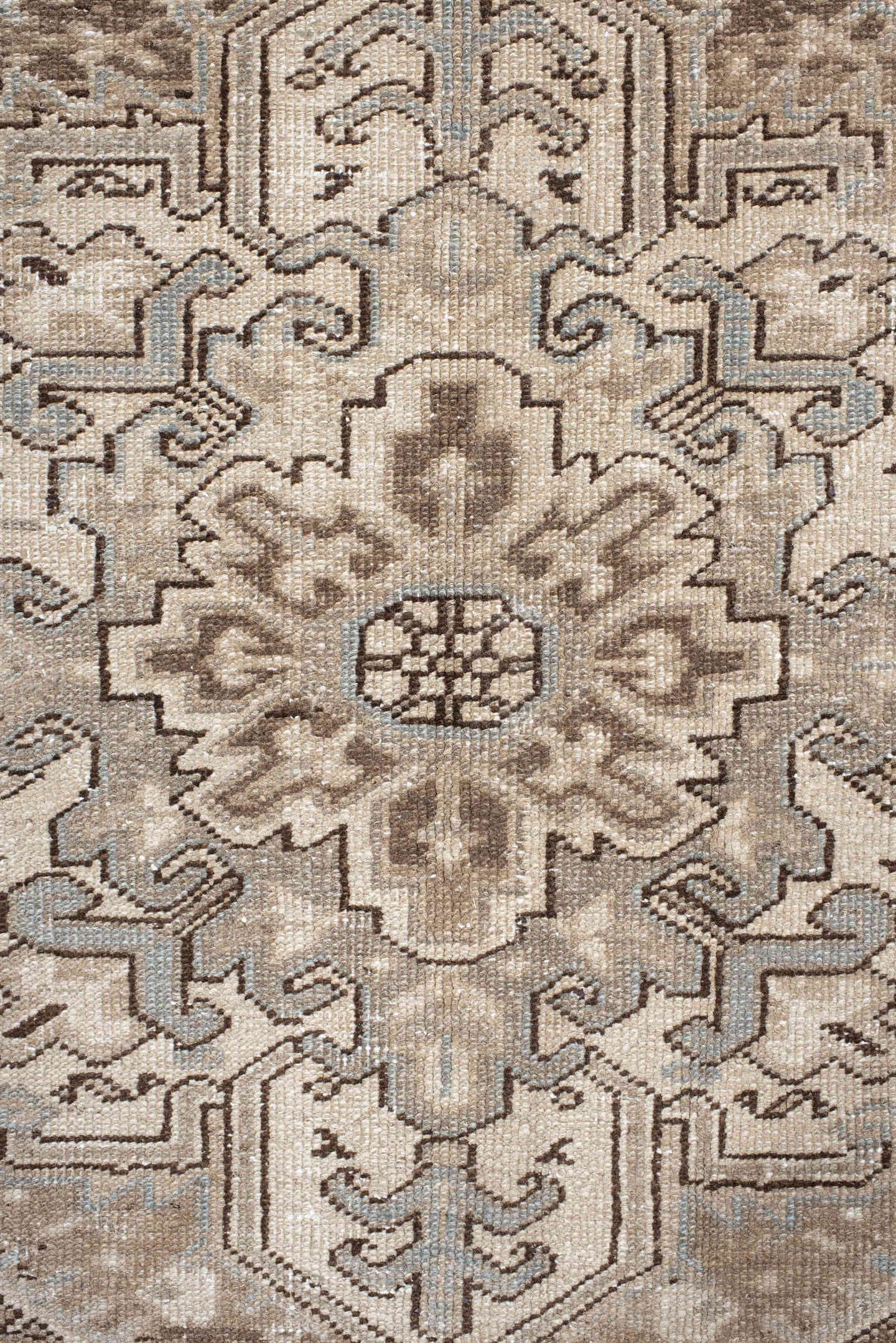 8' x 11' one-of-a-kind handmade antique Heriz large size rug. Color palette: ivory, taupe, beige, brown, camel, slate, gray
