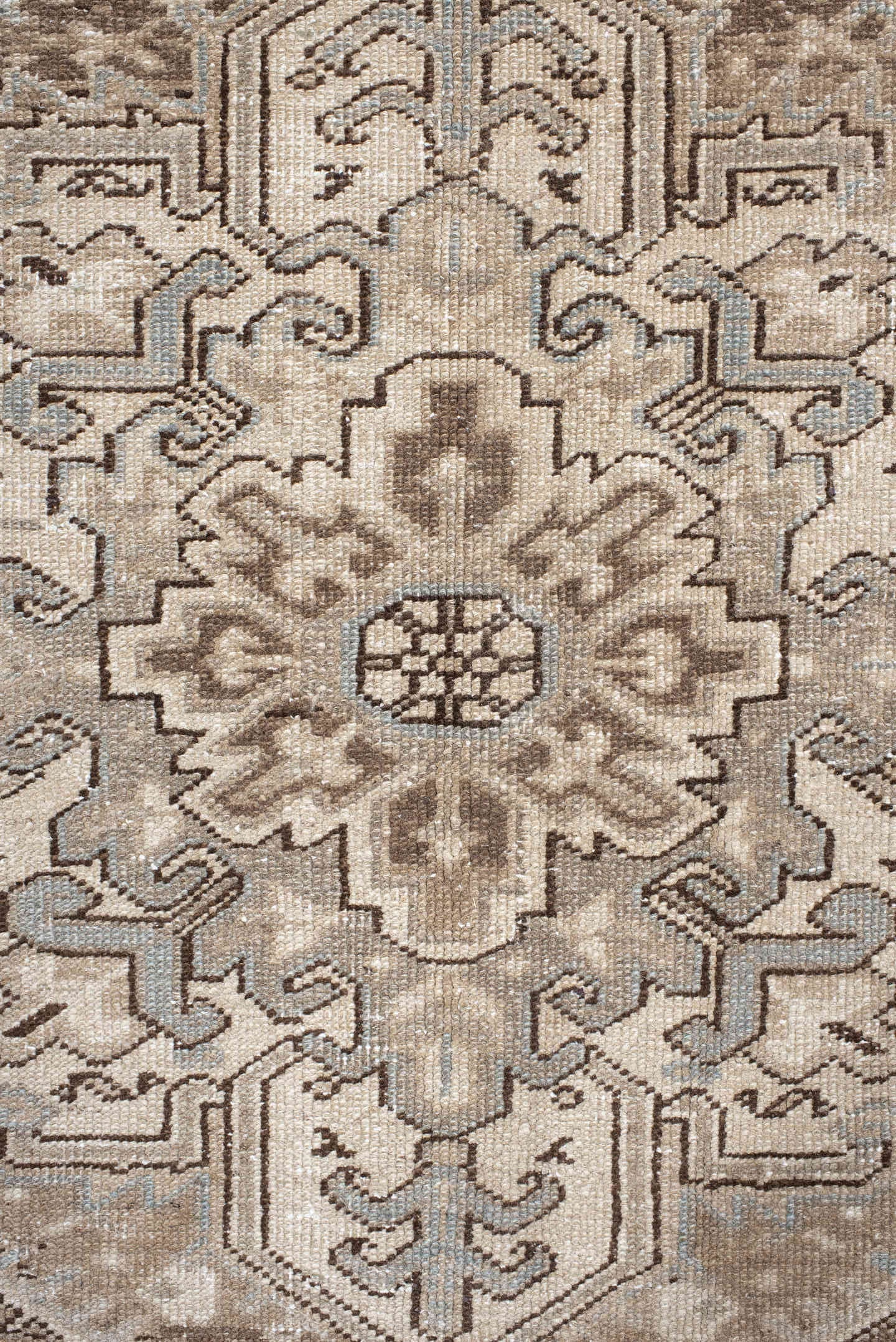 8' x 11' one-of-a-kind handmade antique Heriz large size rug. Color palette: ivory, taupe, beige, brown, camel, slate, gray