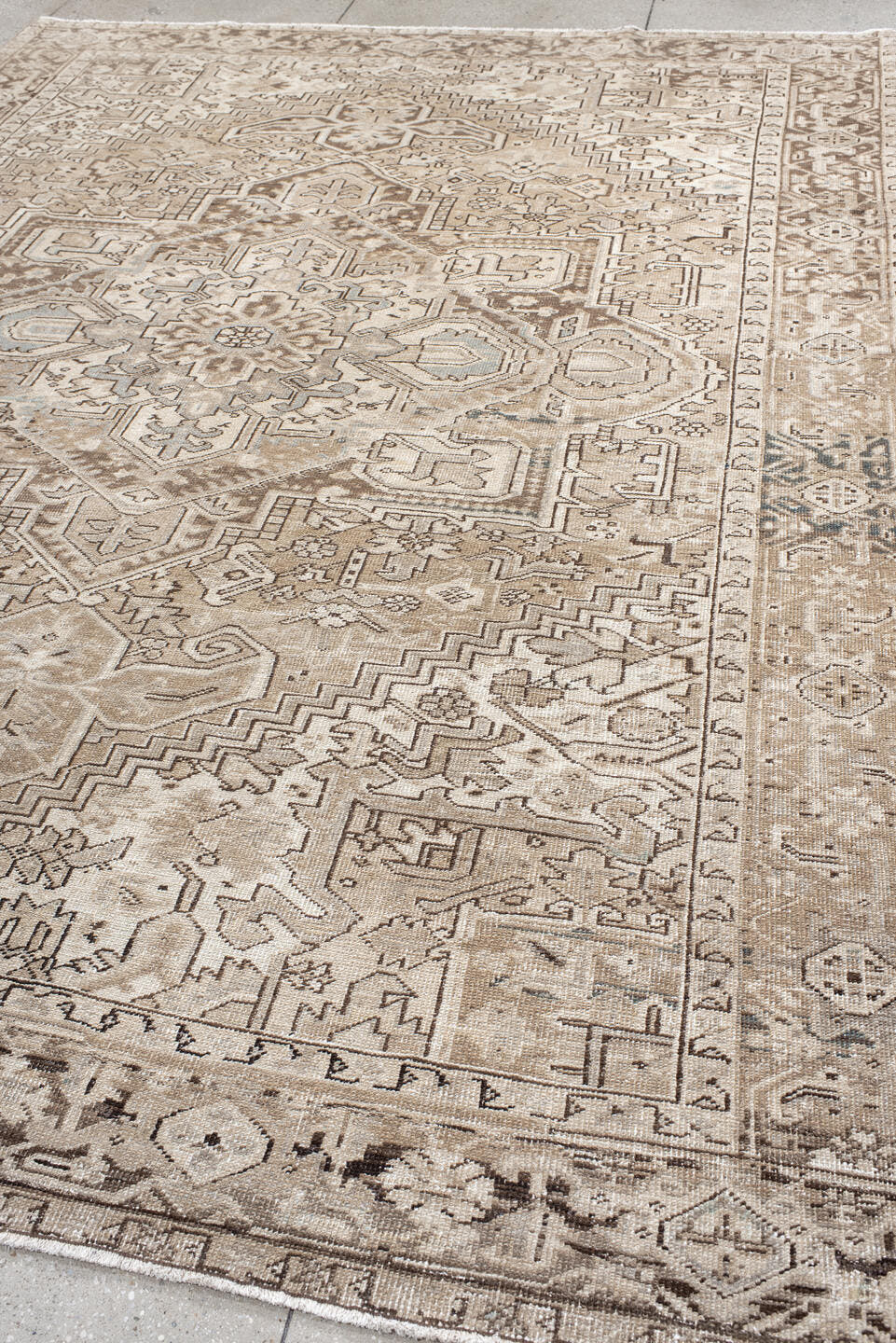 8' x 11' one-of-a-kind handmade antique Heriz large size rug. Color palette: ivory, taupe, beige, brown, camel, slate, gray