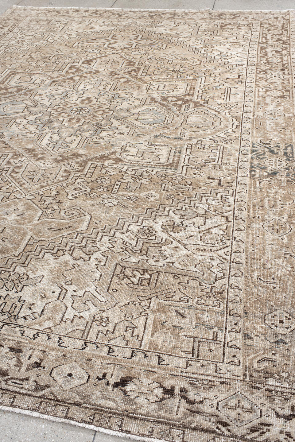 8' x 11' one-of-a-kind handmade antique Heriz large size rug. Color palette: ivory, taupe, beige, brown, camel, slate, gray