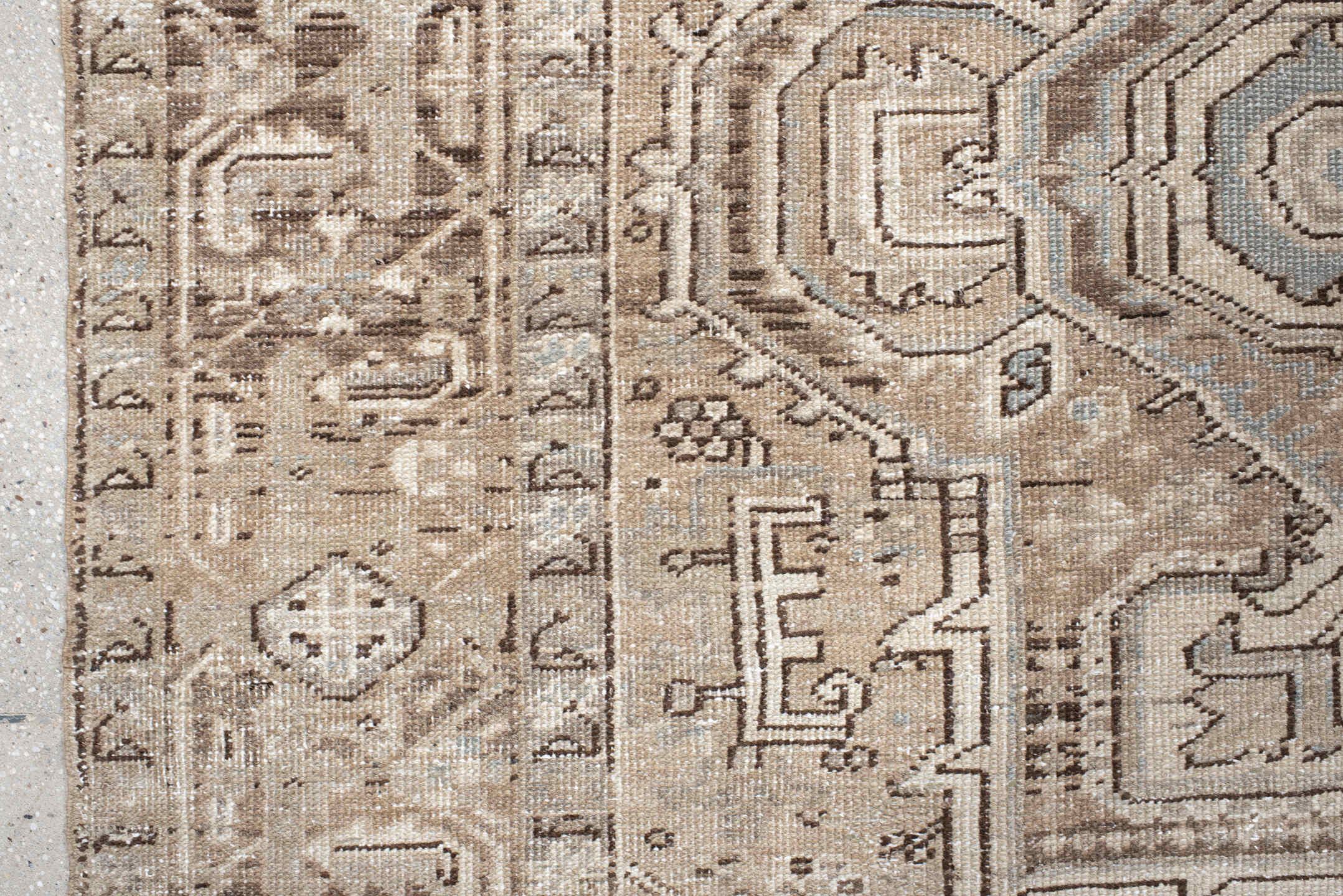 8' x 11' one-of-a-kind handmade vintage Heriz large size rug. Color palette: black, brown, gray, light gray, off-white, pink