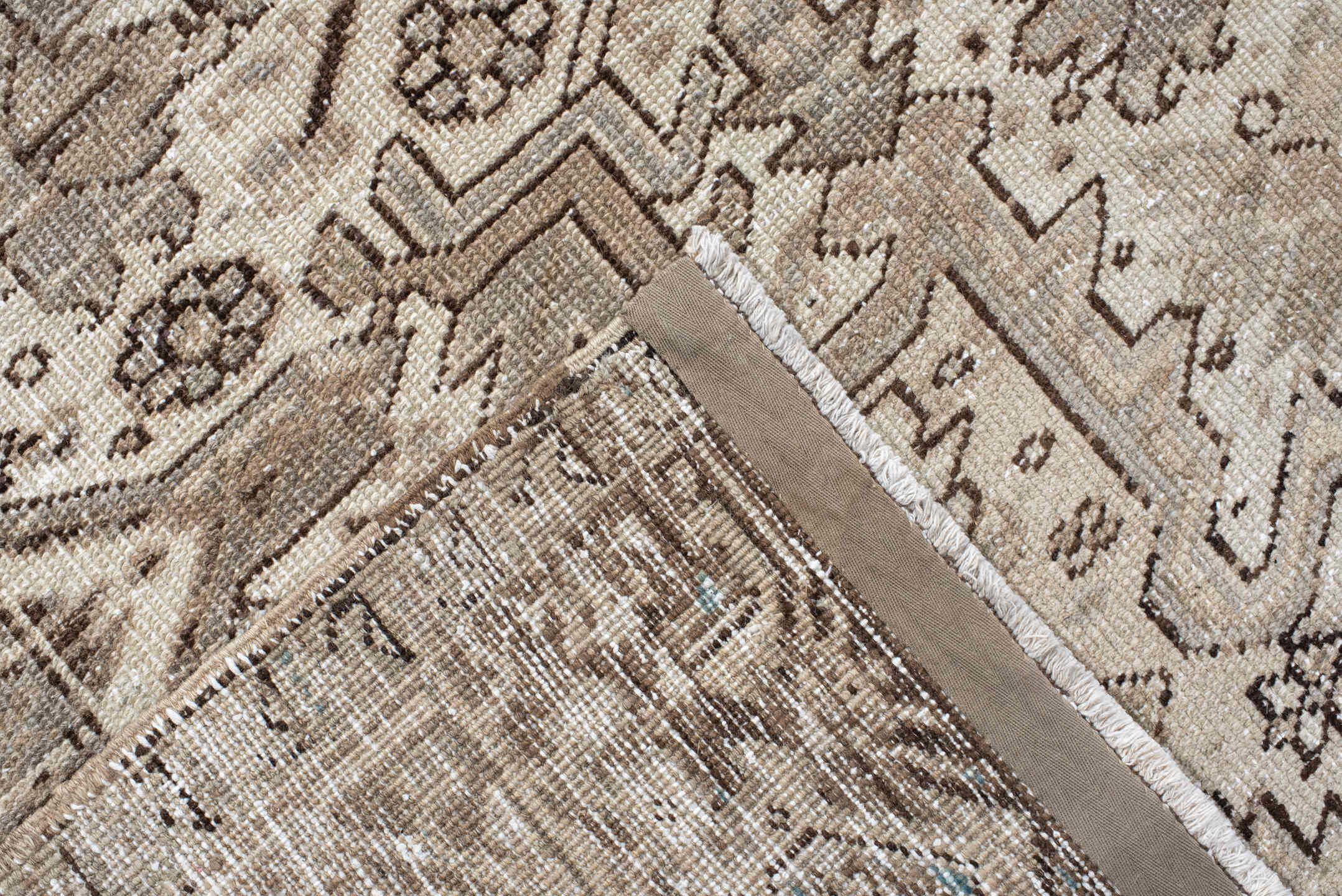 8' x 11' one-of-a-kind handmade antique Heriz large size rug. Color palette: ivory, taupe, beige, brown, camel, slate, gray