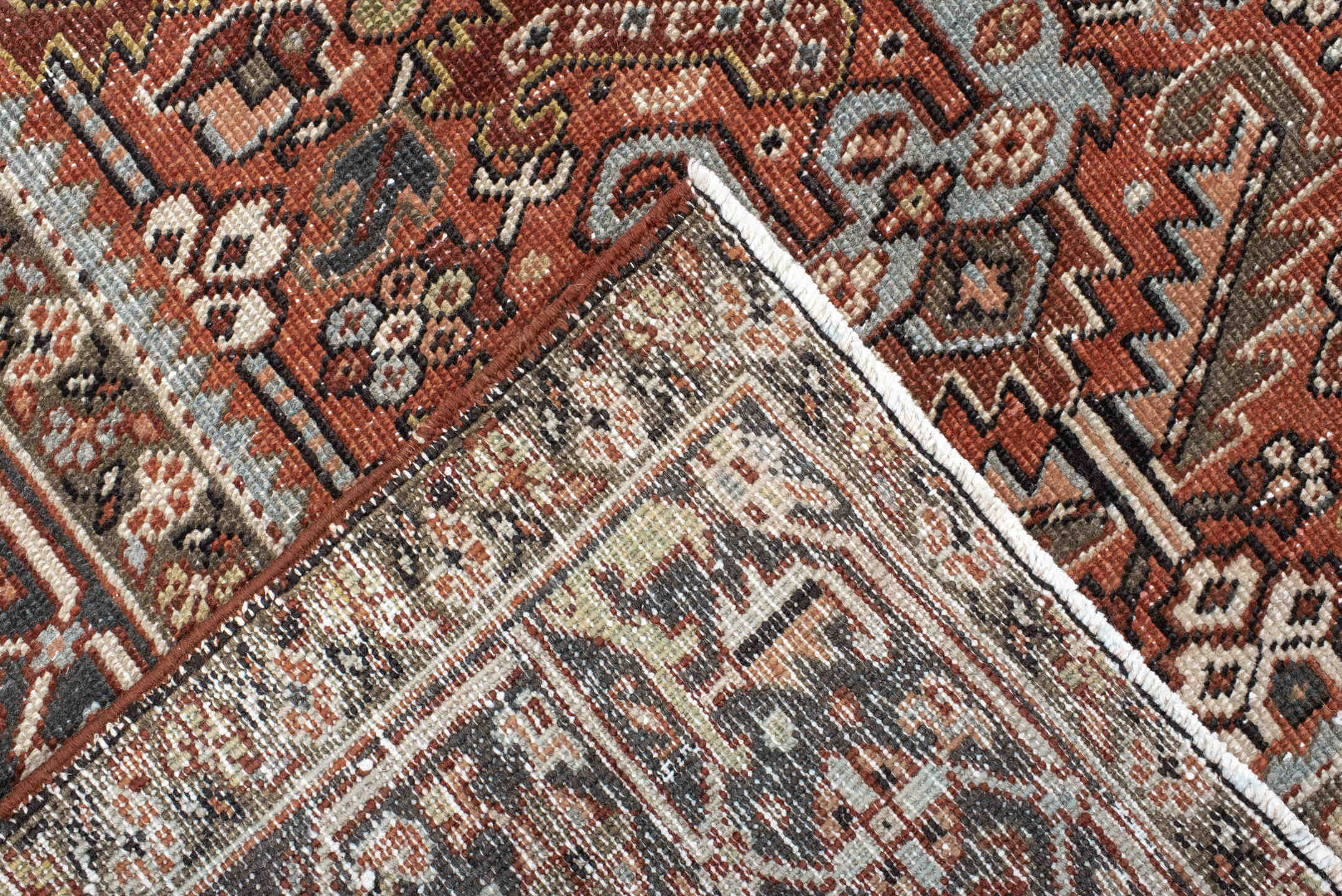 6' x 9' one-of-a-kind handmade vintage Heriz medium size rug. Color palette: black, brown, charcoal, dark gray, dim gray