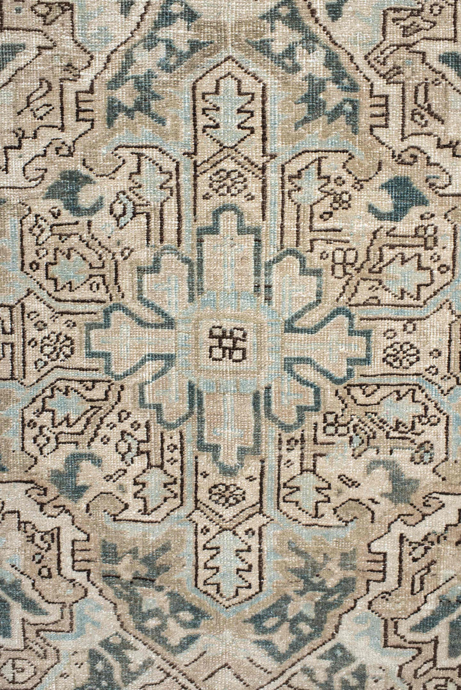 8' x 12' one-of-a-kind handmade antique Heriz large size rug. Color palette: ivory, sky blue, taupe, beige, slate, camel