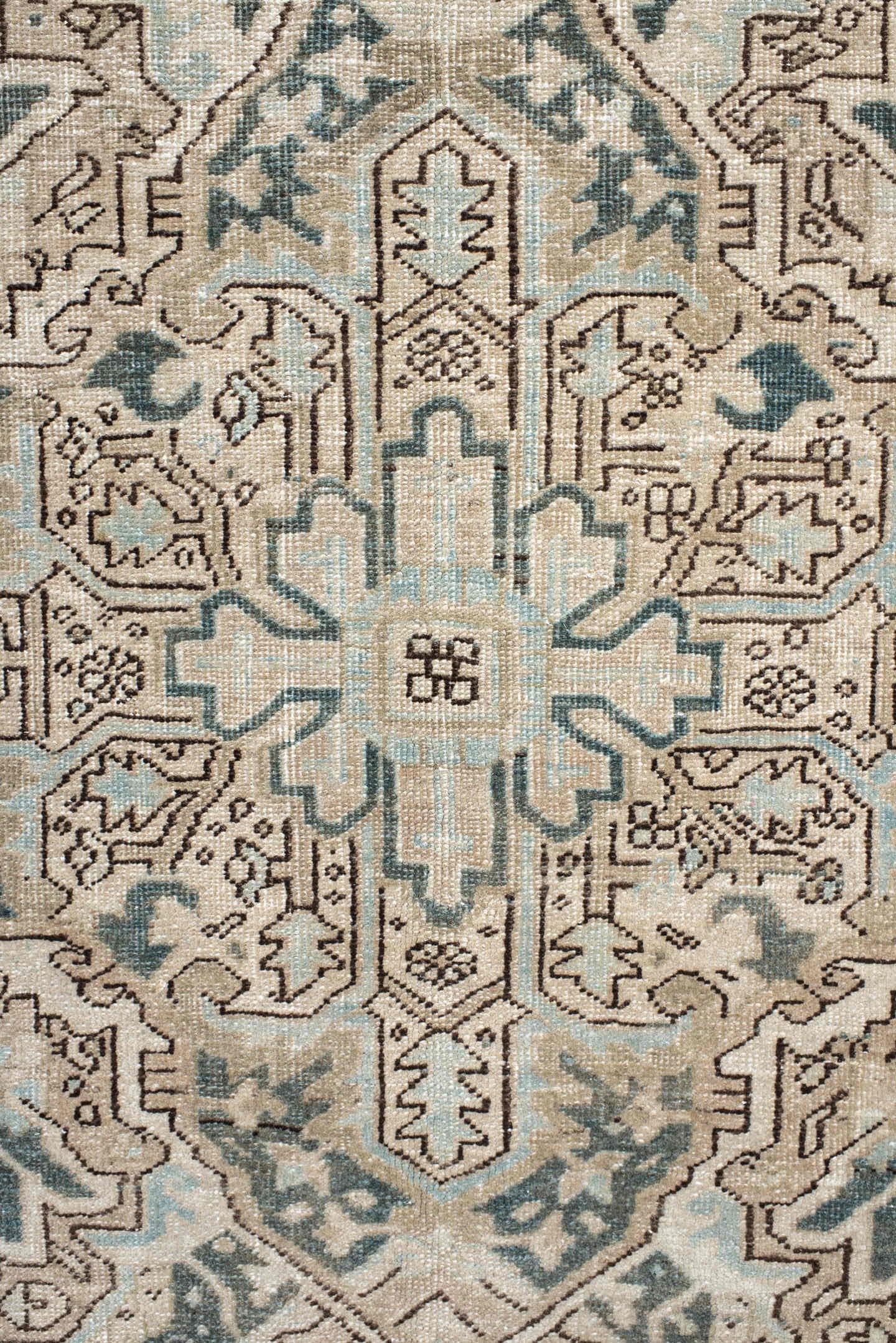 8' x 12' one-of-a-kind handmade antique Heriz large size rug. Color palette: ivory, sky blue, taupe, beige, slate, camel