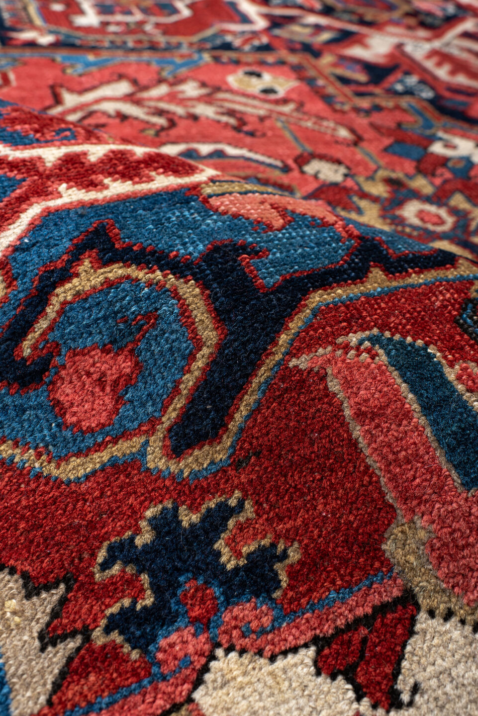 7' x 11' one-of-a-kind handmade antique Heriz large size rug. Color palette: rust, navy, sky_blue, ivory, brick, coral