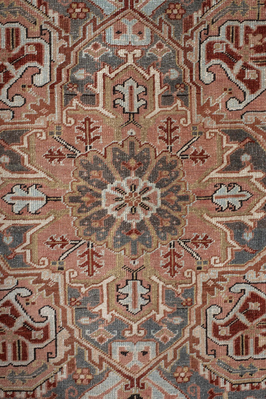 8' x 11' one-of-a-kind handmade vintage Heriz large size rug. Color palette: ivory, rust, steel blue, blush, taupe, brown