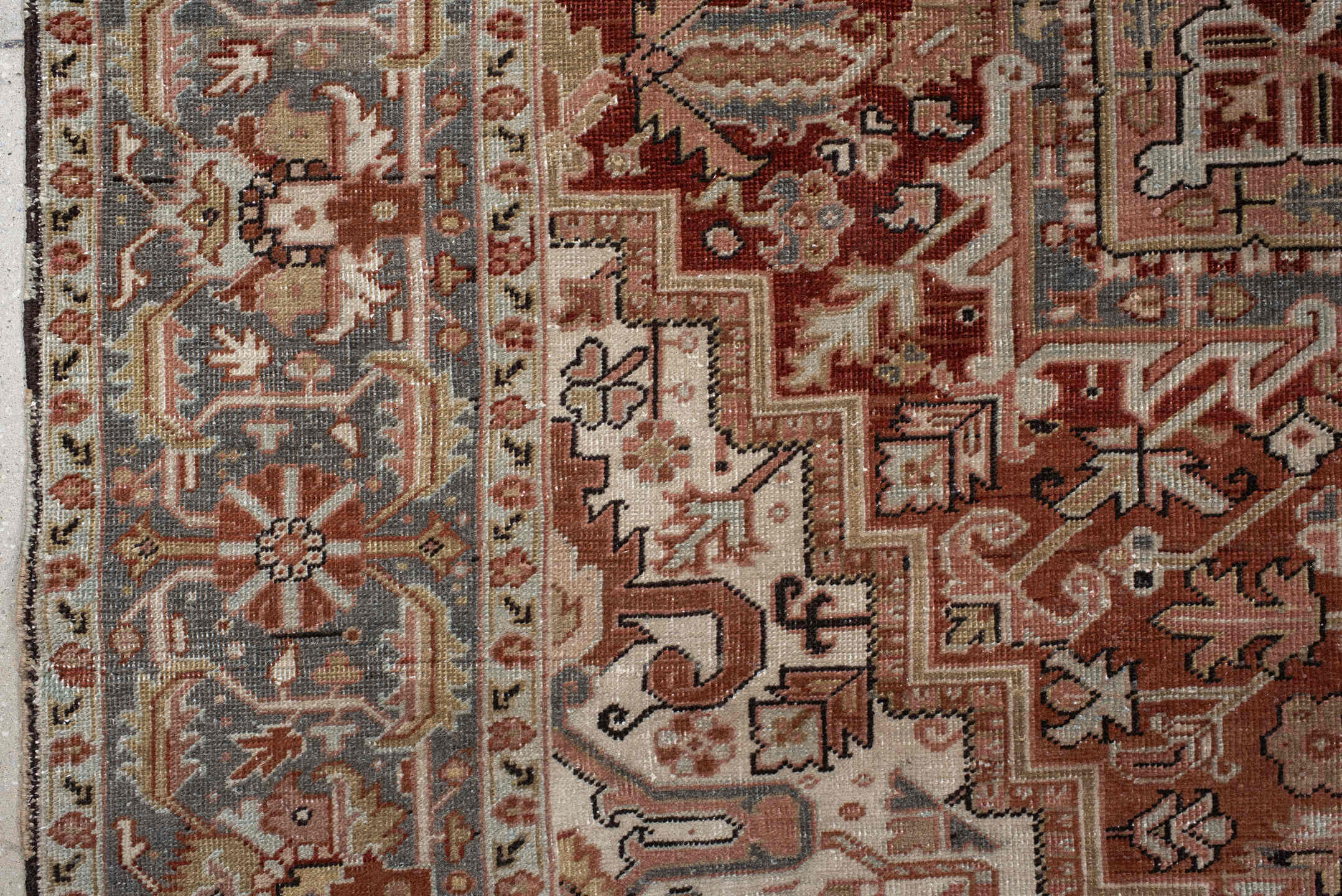 8' x 11' one-of-a-kind handmade vintage Heriz large size rug. Color palette: ivory, rust, steel blue, blush, taupe, brown