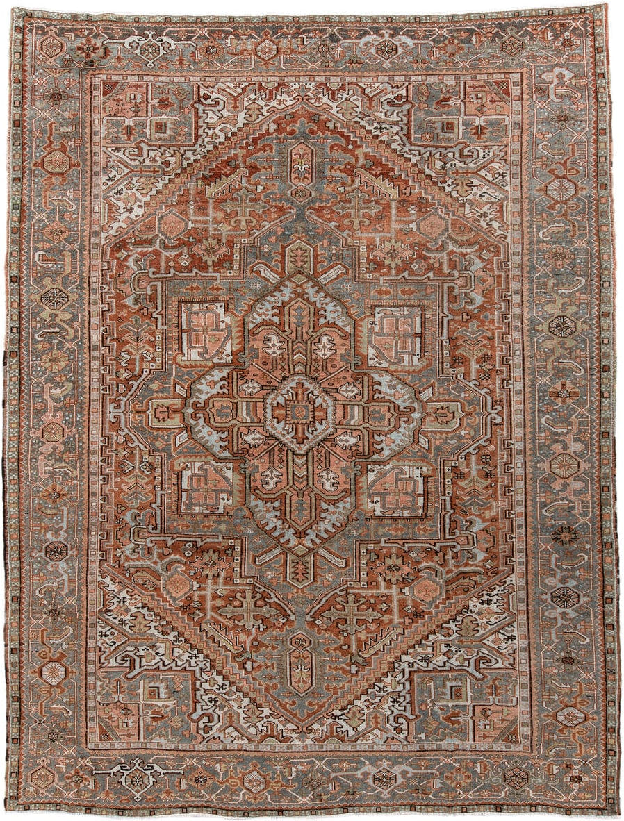 9' x 11' one-of-a-kind handmade vintage Heriz large size rug. Color palette: rust, blue-gray, ivory, coral, taupe, charcoal
