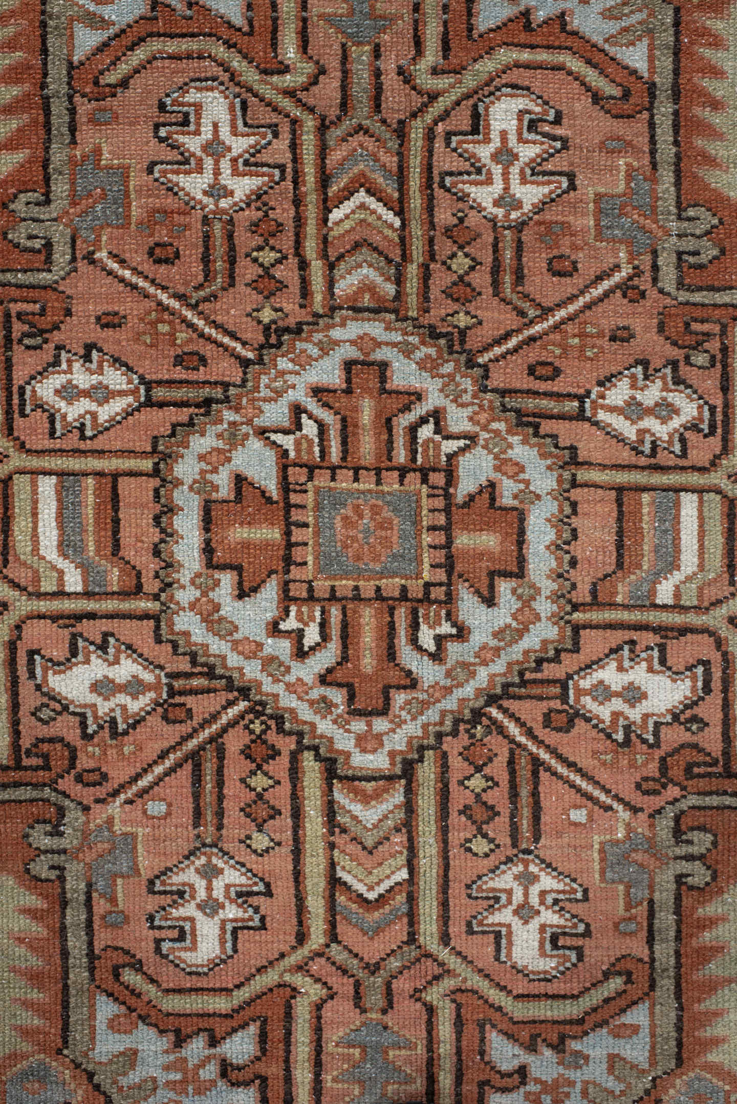 9' x 11' one-of-a-kind handmade vintage Heriz large size rug. Color palette: rust, blue-gray, ivory, coral, taupe, charcoal