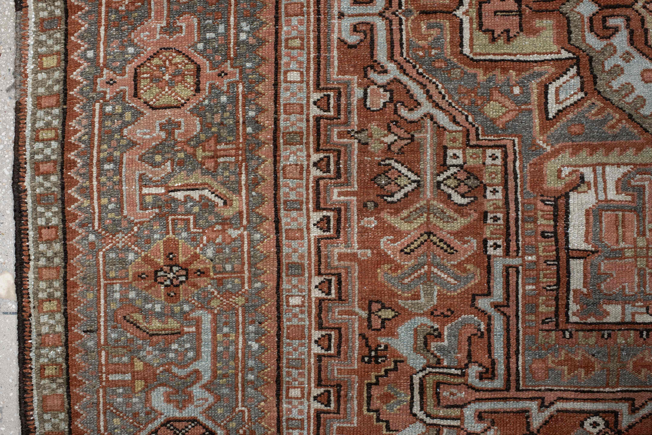 9' x 11' one-of-a-kind handmade vintage Heriz large size rug. Color palette: rust, blue-gray, ivory, coral, taupe, charcoal