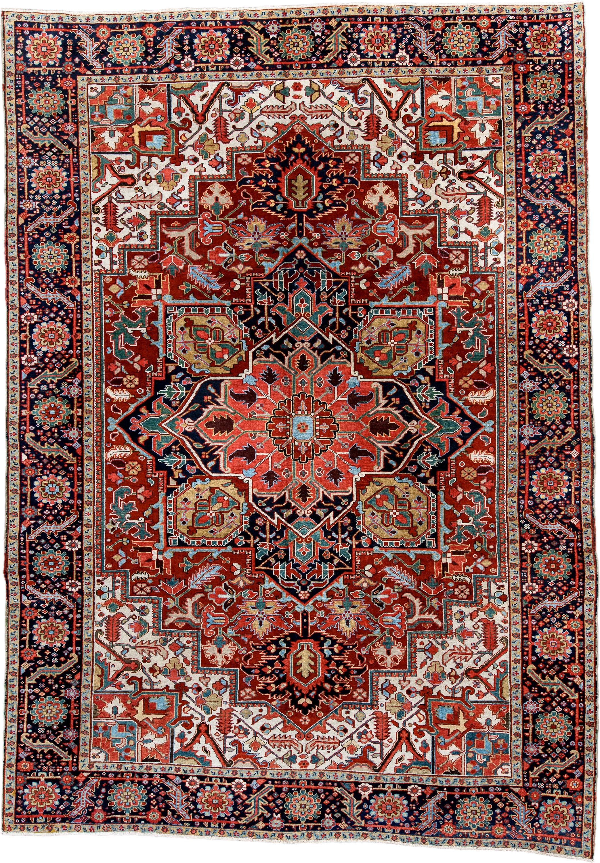 8' x 12' one-of-a-kind handmade vintage Heriz large size rug. Color palette: rust, ivory, navy, sky_blue, coral, sage, camel
