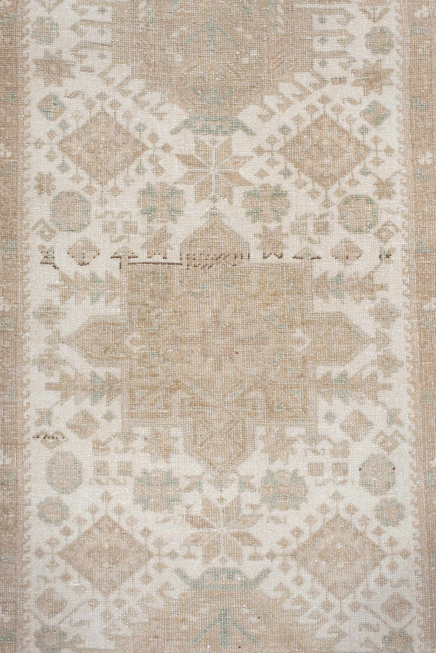 3' x 18' one-of-a-kind handmade vintage Sarab runner rug. Color palette: ivory, beige, taupe, sand, sage, gray, green