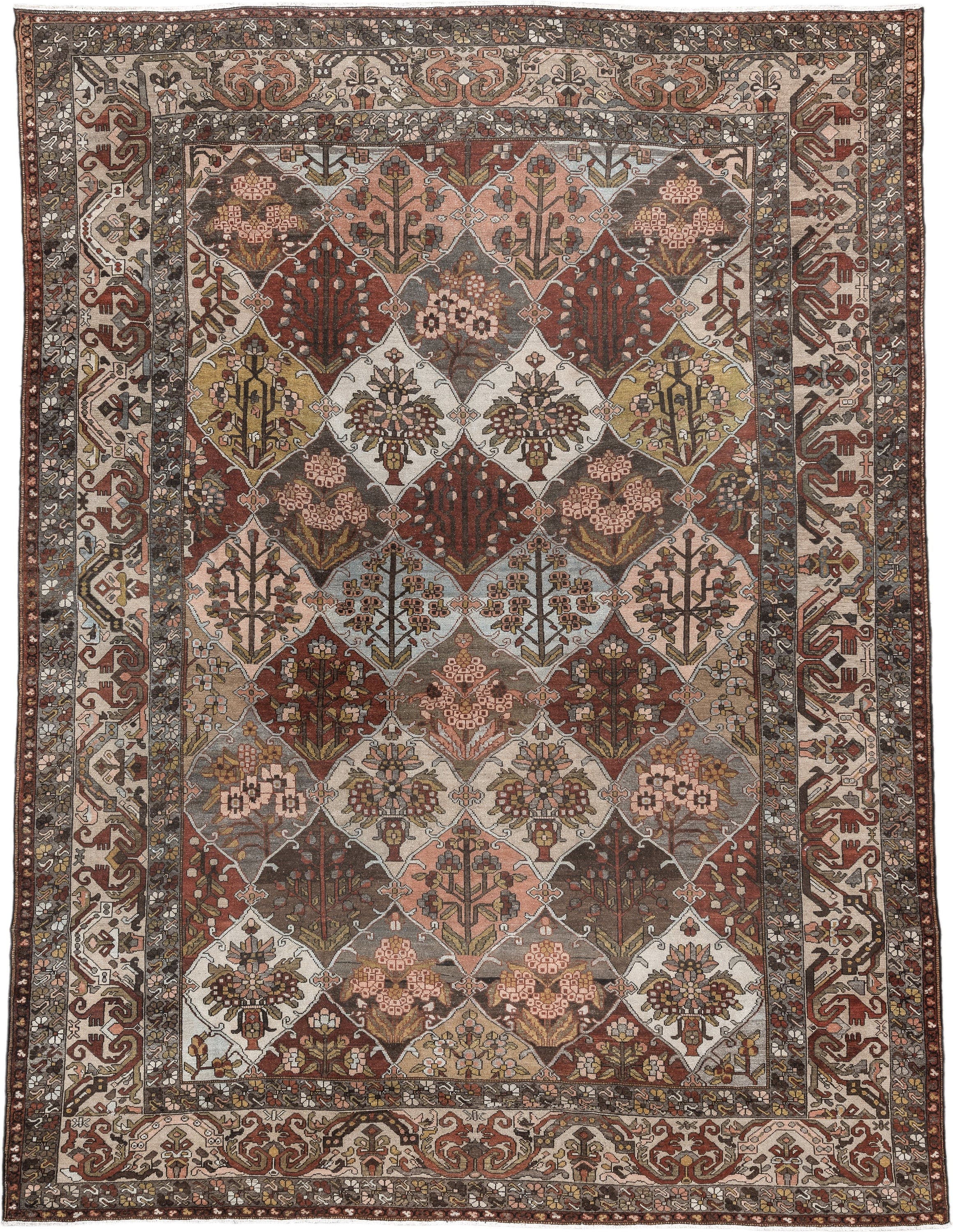 10' x 13' one-of-a-kind handmade vintage Baktiary large size rug. Color palette: taupe, rust, ivory, brown, slate, rose