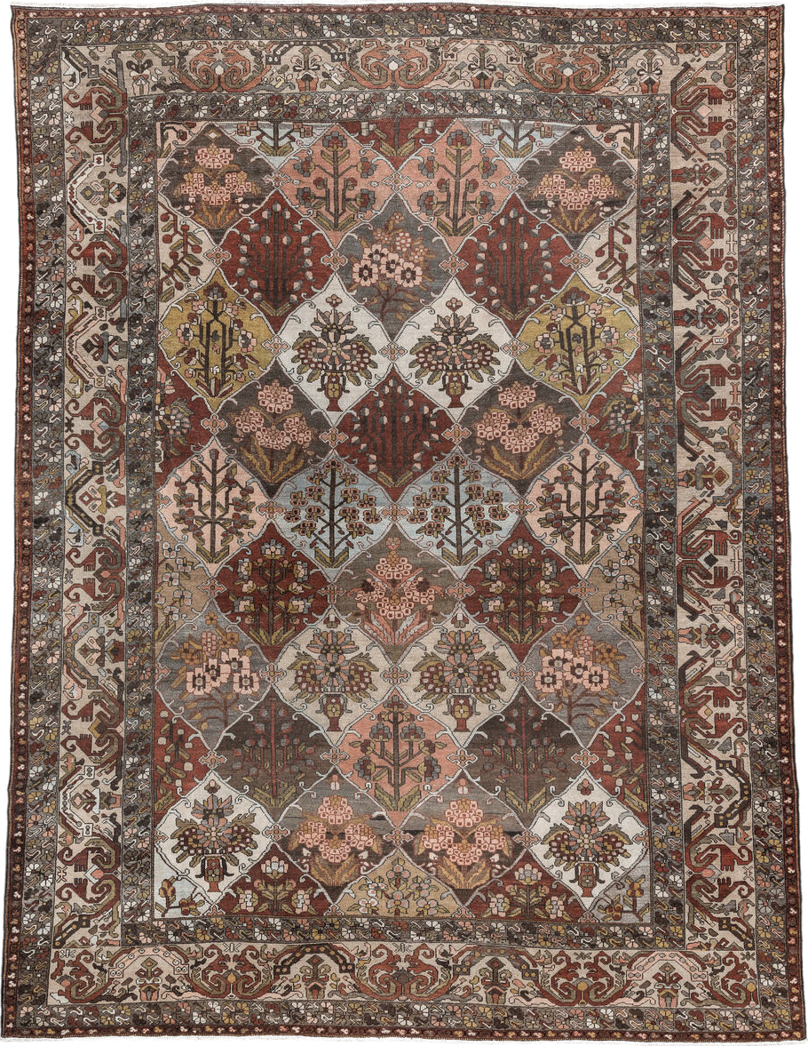 10' x 13' one-of-a-kind handmade vintage Baktiary large size rug. Color palette: brown, gray, light gray, off-white, orange