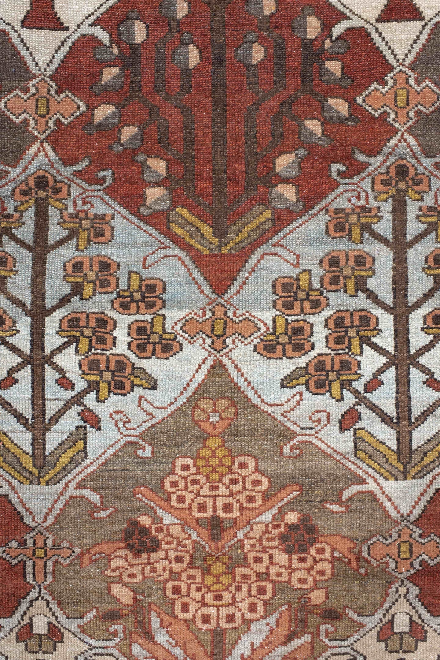 10' x 13' one-of-a-kind handmade vintage Baktiary large size rug. Color palette: taupe, rust, ivory, brown, slate, rose