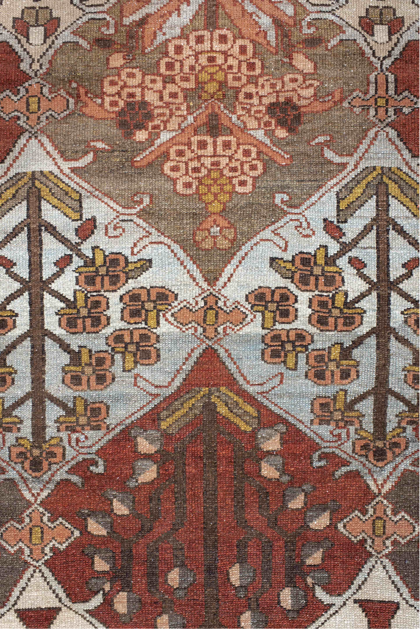 10' x 13' one-of-a-kind handmade vintage Baktiary large size rug. Color palette: brown, gray, light gray, off-white, orange