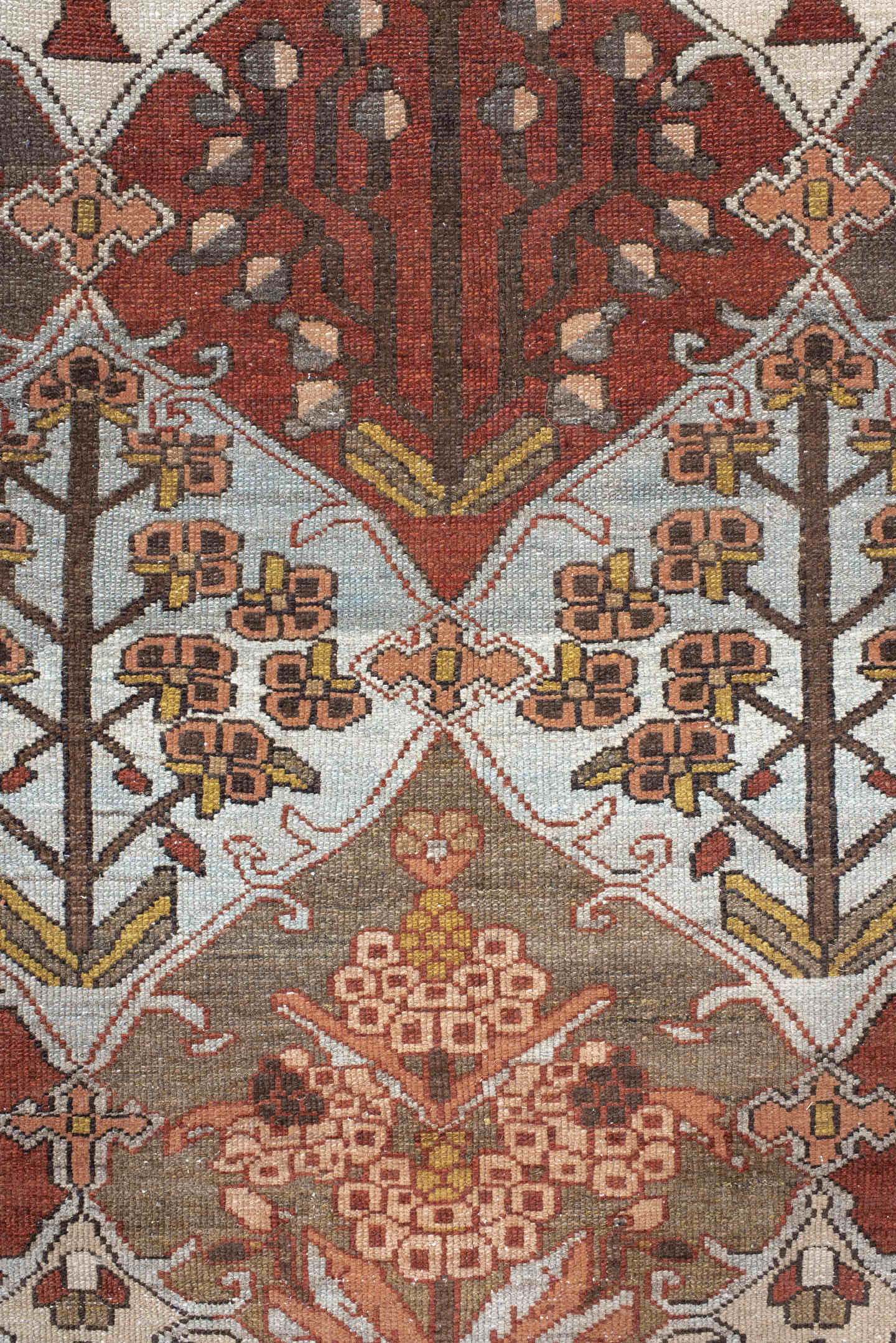 10' x 13' one-of-a-kind handmade vintage Baktiary large size rug. Color palette: taupe, rust, ivory, brown, slate, rose