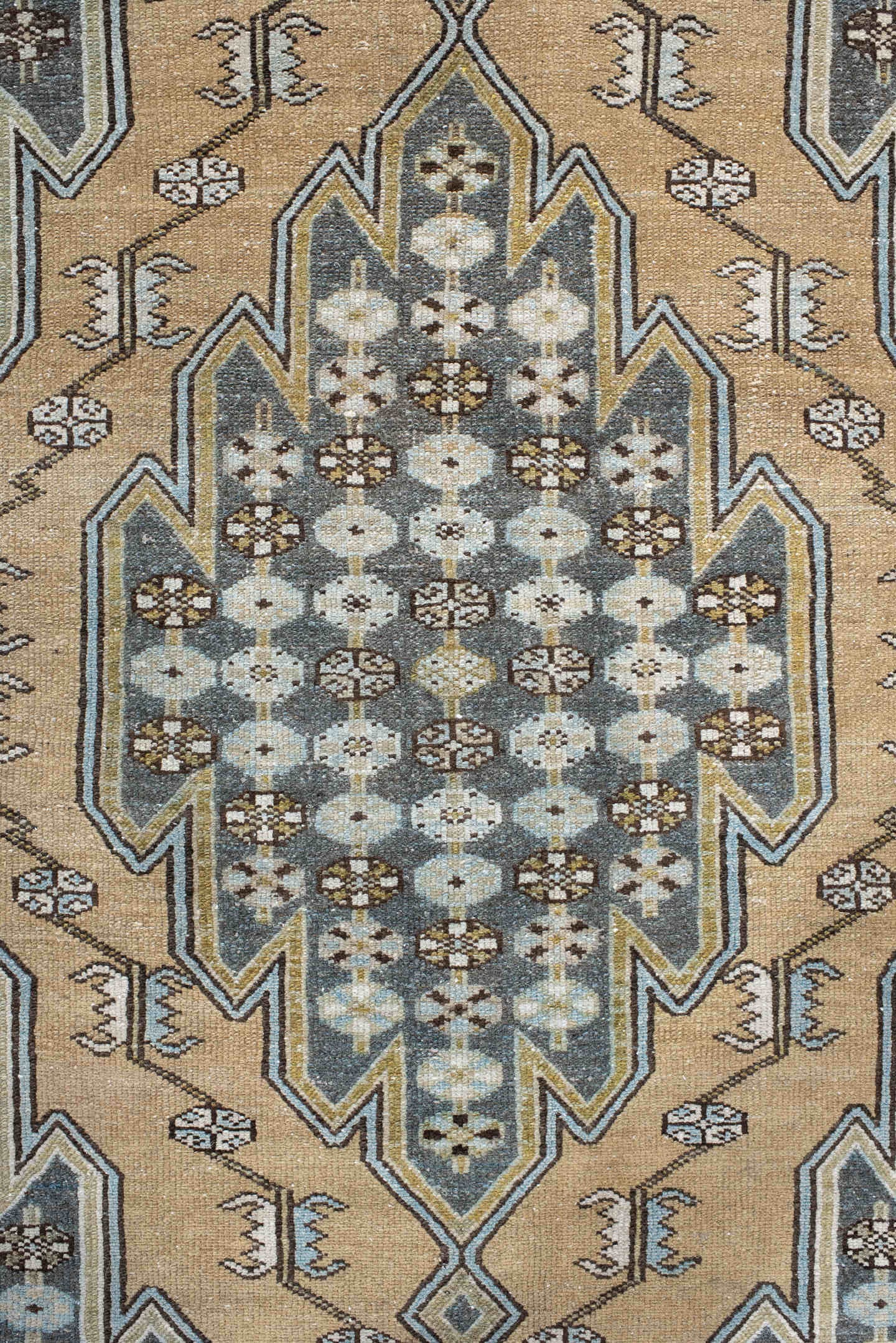 4' x 6' one-of-a-kind handmade vintage Malayer small size rug. Color palette: ivory, slate, sky_blue, brown, charcoal, camel