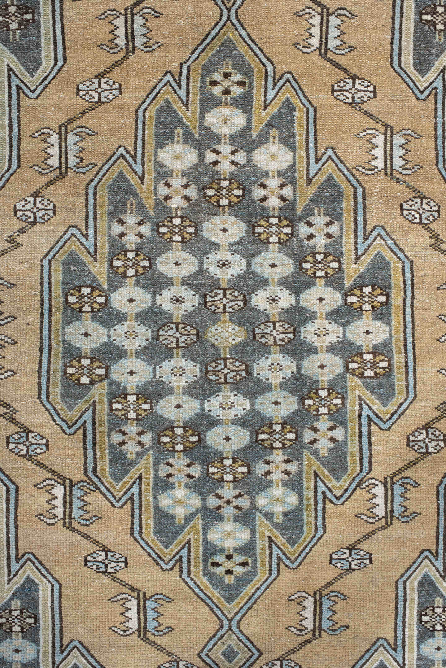 4' x 6' one-of-a-kind handmade vintage Malayer small size rug. Color palette: ivory, slate, sky_blue, brown, charcoal, camel