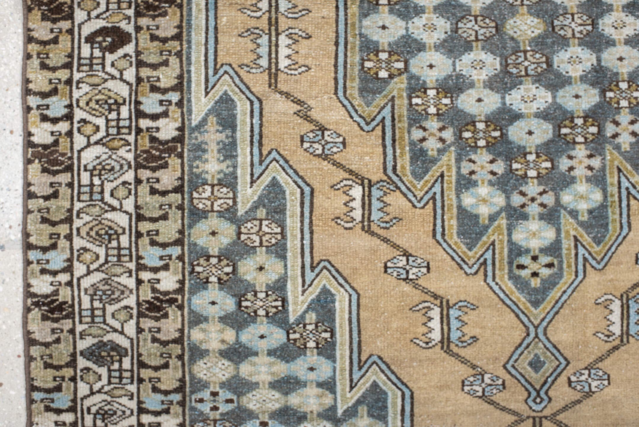 4' x 6' one-of-a-kind handmade vintage Malayer small size rug. Color palette: ivory, slate, sky_blue, brown, charcoal, camel