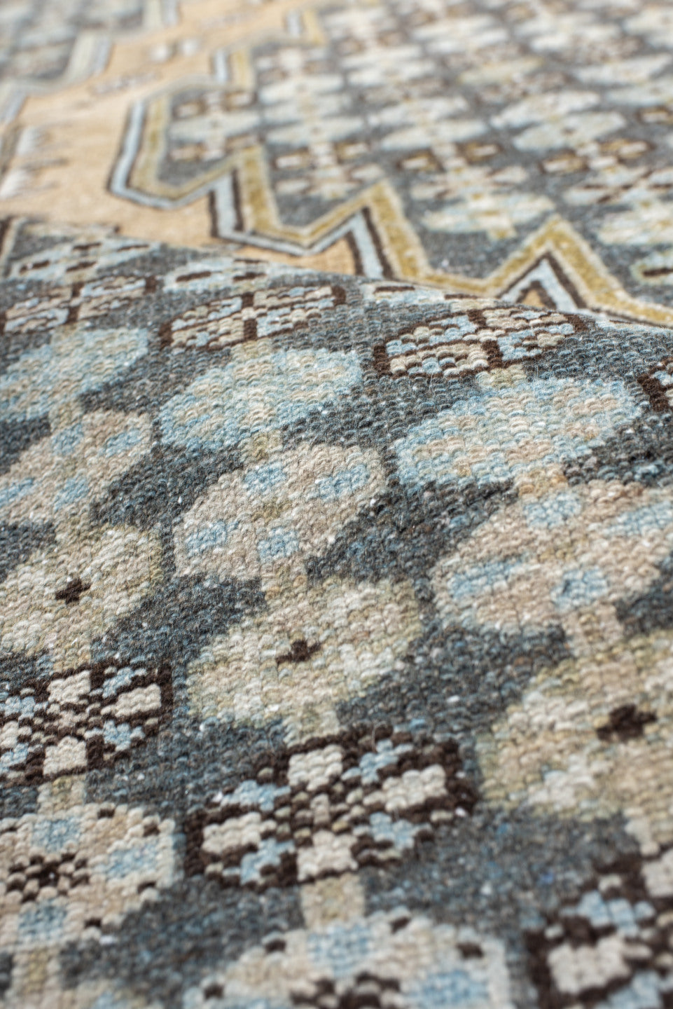 4' x 6' one-of-a-kind handmade vintage Malayer small size rug. Color palette: ivory, slate, sky_blue, brown, charcoal, camel