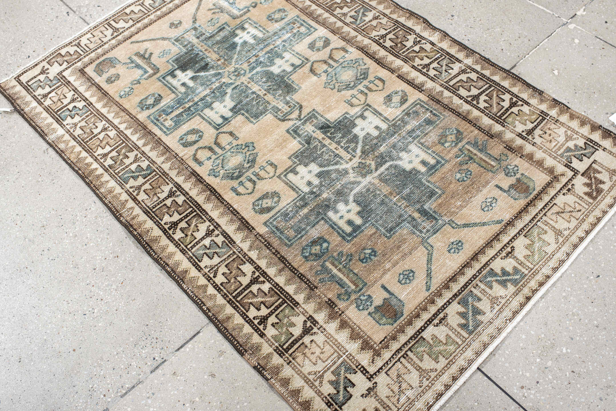3' x 4' one-of-a-kind handmade antique Malayer small size rug. Color palette: ivory, taupe, brown, teal, slate, camel, beige