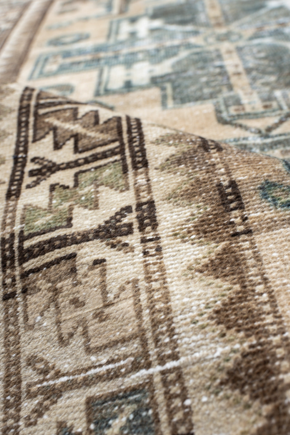 3' x 4' one-of-a-kind handmade antique Malayer small size rug. Color palette: ivory, taupe, brown, teal, slate, camel, beige