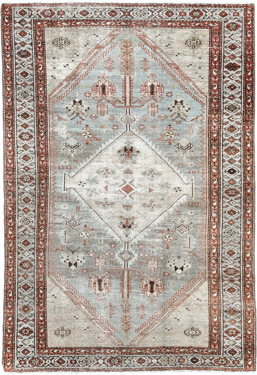 4' x 6' one-of-a-kind handmade antique Malayer small size rug. Color palette: ivory, pale blue, rust, charcoal, taupe, camel