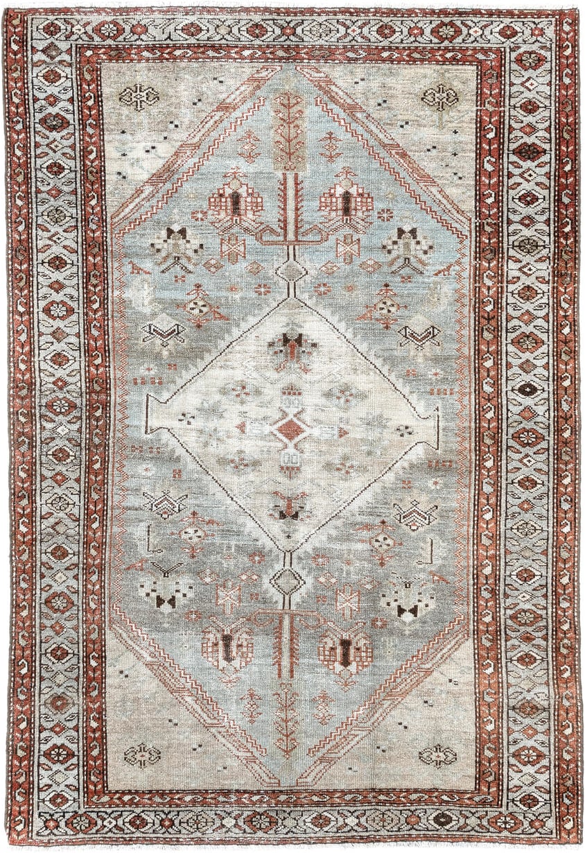 4' x 6' one-of-a-kind handmade antique Malayer small size rug. Color palette: ivory, pale blue, rust, charcoal, taupe, camel