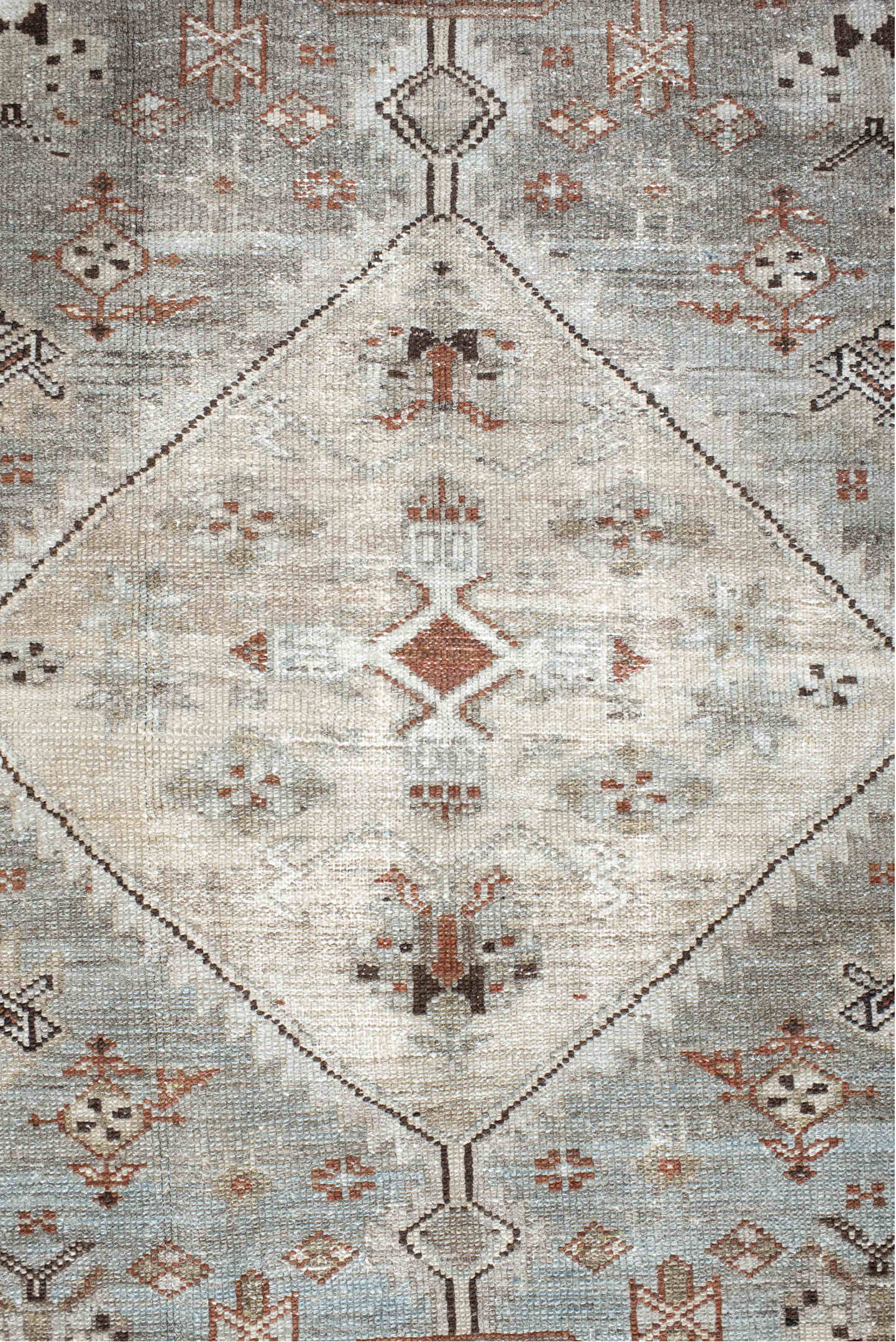 4' x 6' one-of-a-kind handmade antique Malayer small size rug. Color palette: ivory, pale blue, rust, charcoal, taupe, camel